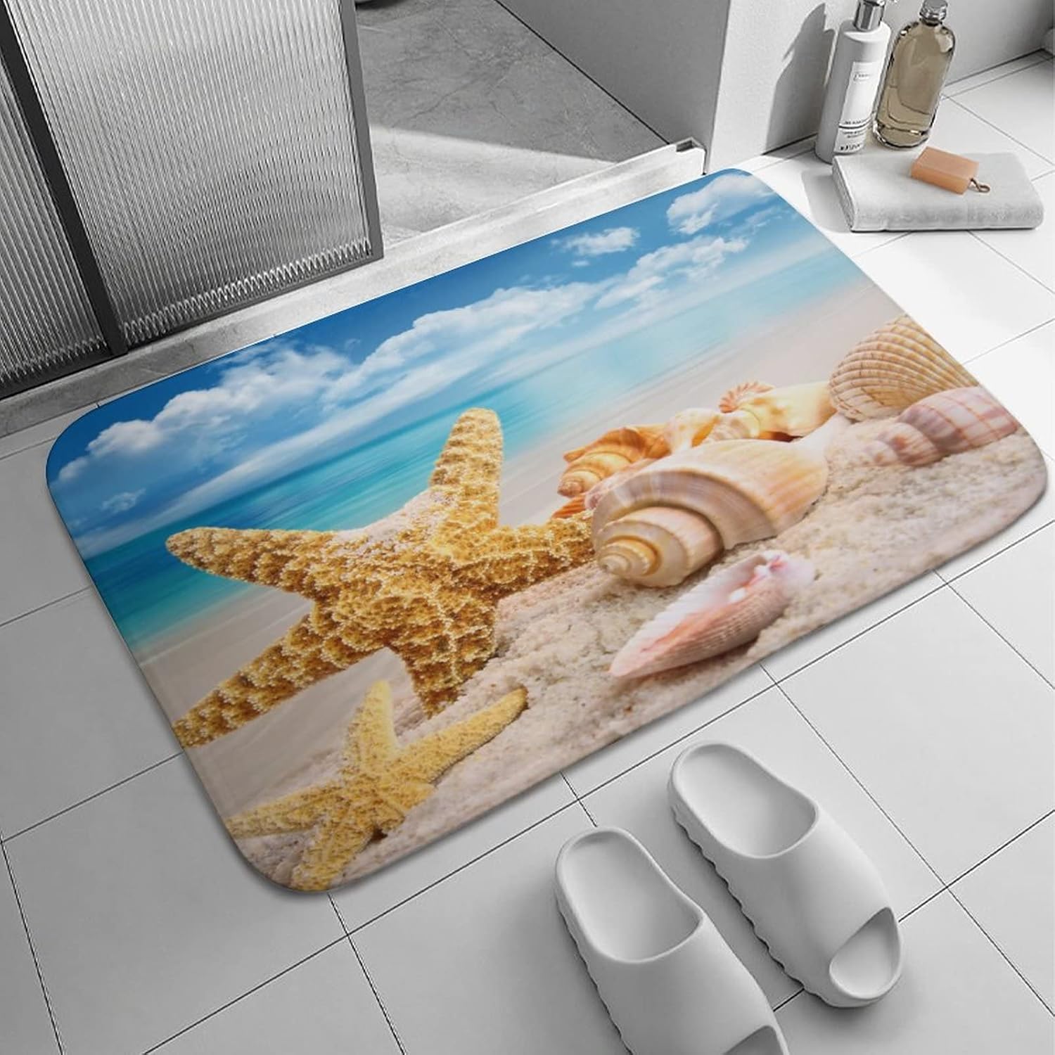 TESIQIMT Rustic Bathroom Rug,Beach,Seashell,Starfish,Blue