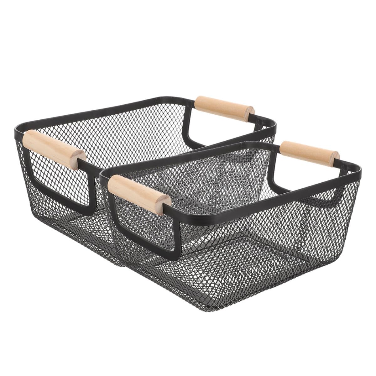 Healeved 2 Stück Drahtaufbewahrungskörbe aus Eisen mit Holzgriffen Stabil und Multifunktional für Küche und Schlafzimmer Nordisches Design Rechteckig Schwarz