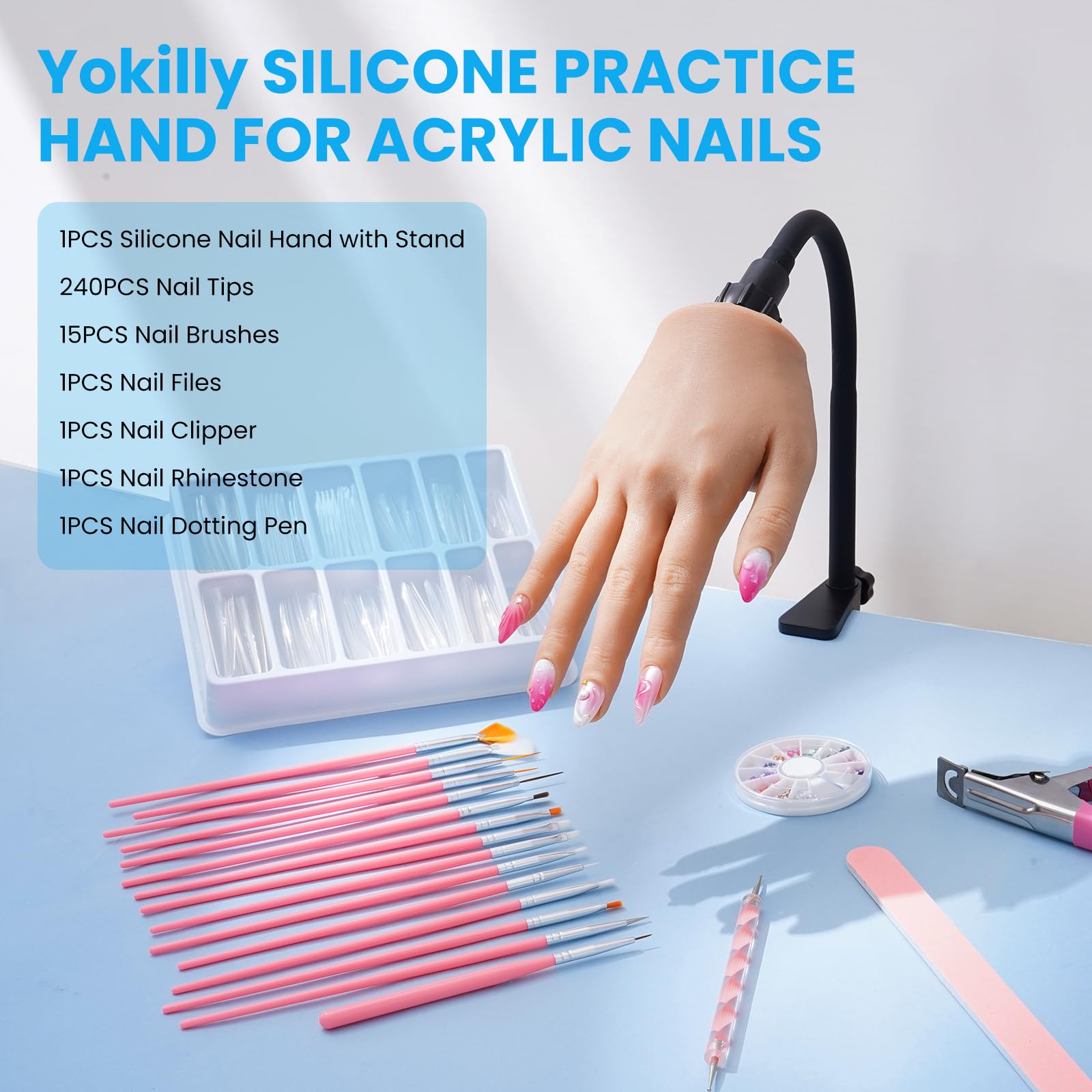 Yokilly Mano para Practicar Uñas: Silicona Mano de Practicas de Uñas - Flexible Mano Articulada Practicas Con 240 Puntas De Uñas/15 PCS Set de Nail Art Cepillo/Archivo De Uñas – Manicura De Uñas