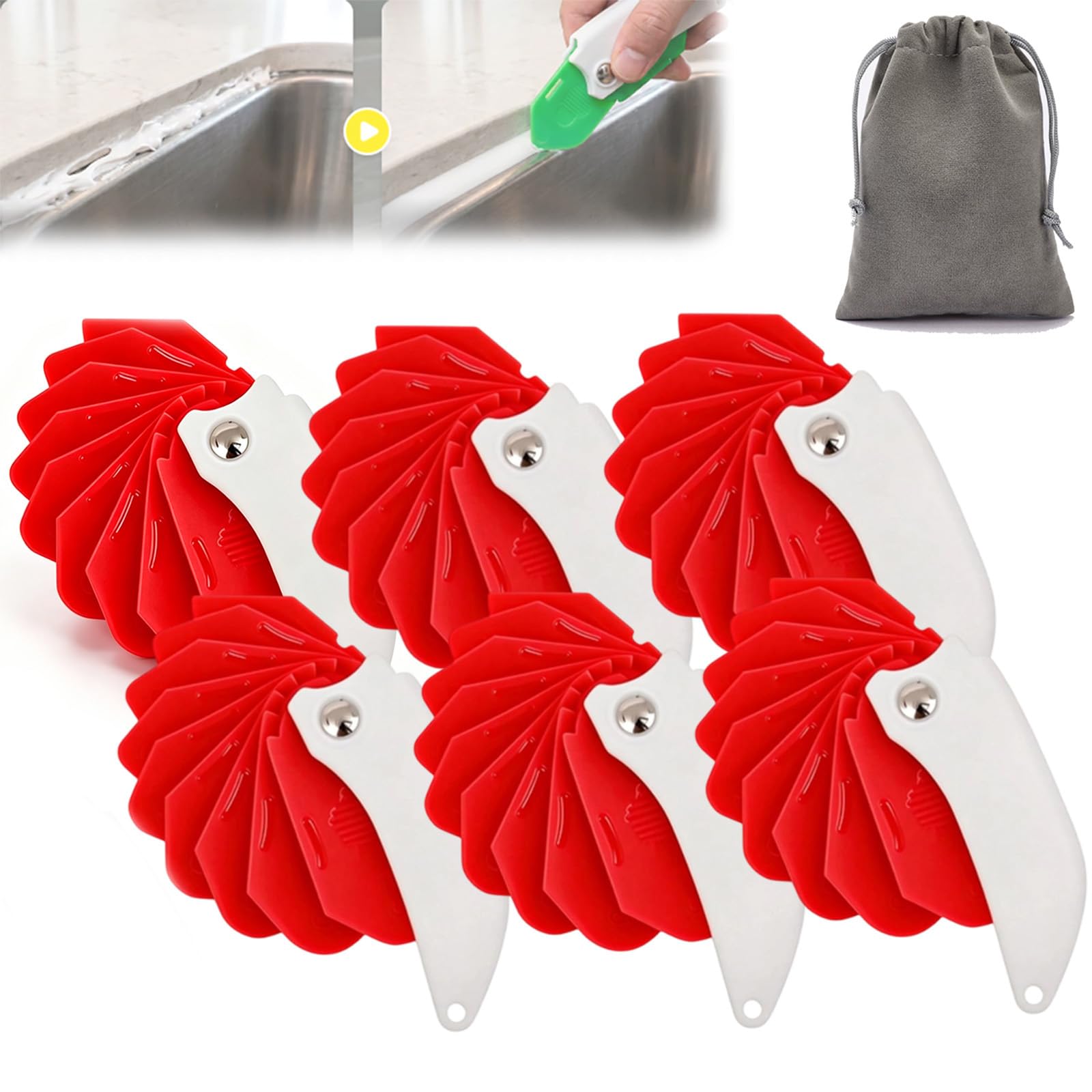 2sets 9 in 1 Seam Tool, ABS Folding Smooth Seam Tool, 9-in-1 Multifunctional Design Combines Spatulas, Caulking Tools, for Grout and Sealant Application Doors and Windows, No Wastage (6pcs,Red)