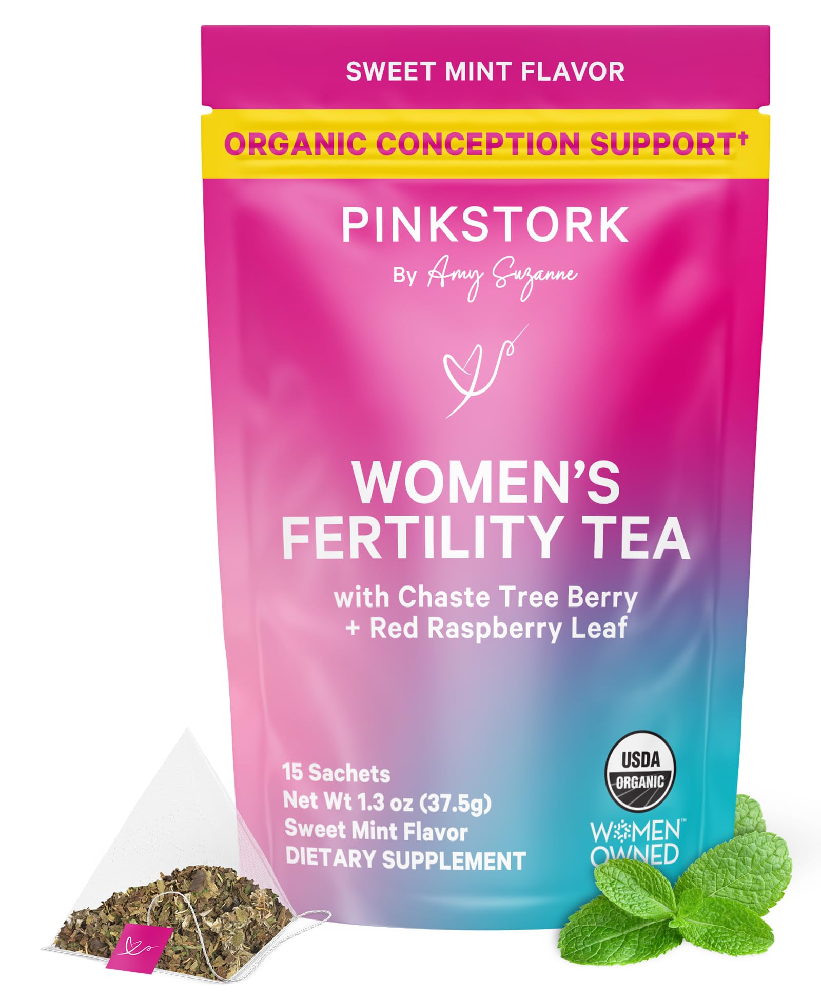 Pink Stork Organic Fertility Tea for Women | Fertility Supplements for Women with Chaste Tree Berry (Vitex) + Red Raspberry Leaf | Hormone Balance Herbal Tea for Conception Support | USDA Organic, Caffeine Free - Sweet Mint, 15 Sachets