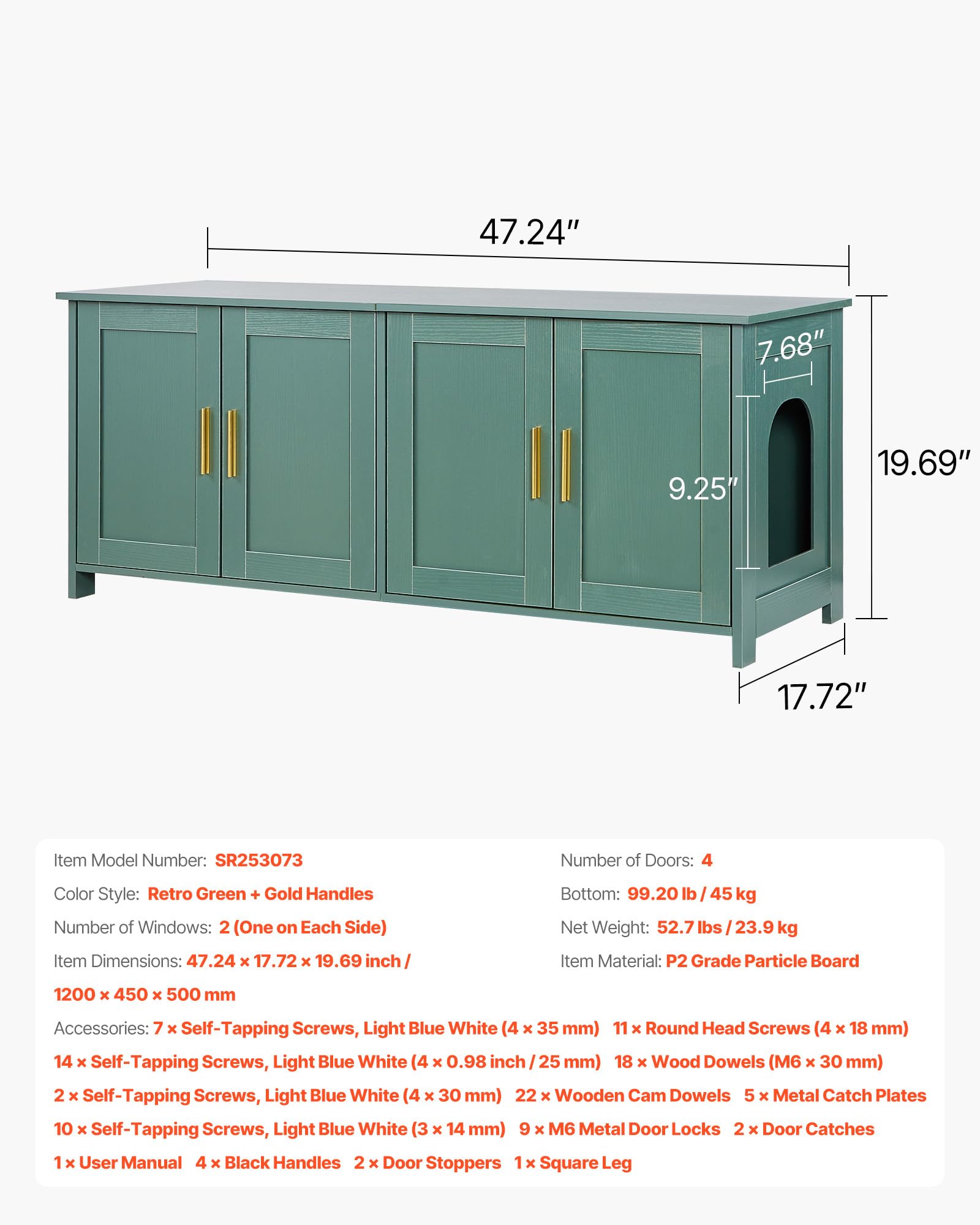VEVOR Arenero para Gatos, 1200 x 450 x 500 mm, con 4 Puertas 2 Entradas, Mueble de Interior, Caseta de Madera, Compatible con la Mayoría de Areneros, Verde, Carga Superior 60 kg e Inferior 45 kg