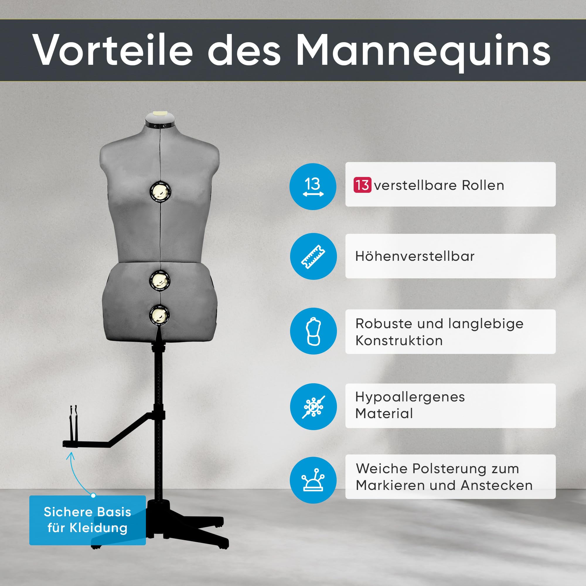 Nähpuppe für Schneiderinnen Ausstellung, höhenverstellbar Frau einziehbar Mannequin, Brustumfang 44-52 Euro, Ergonomisches Design mit Größe Fixatoren, 13 Elemente, Größe L-XXXL (Grau)