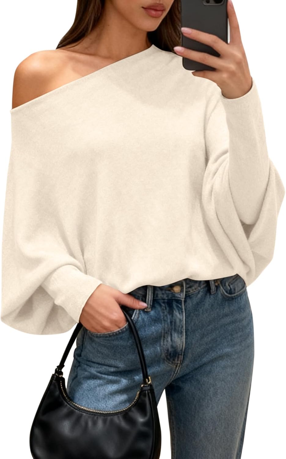 BTFBM Casual Fall Sweaters for Women 2026 Long Batwing Sleeve Ribbed Knit Tops Pullover Loose Off The Shoulder Sweater