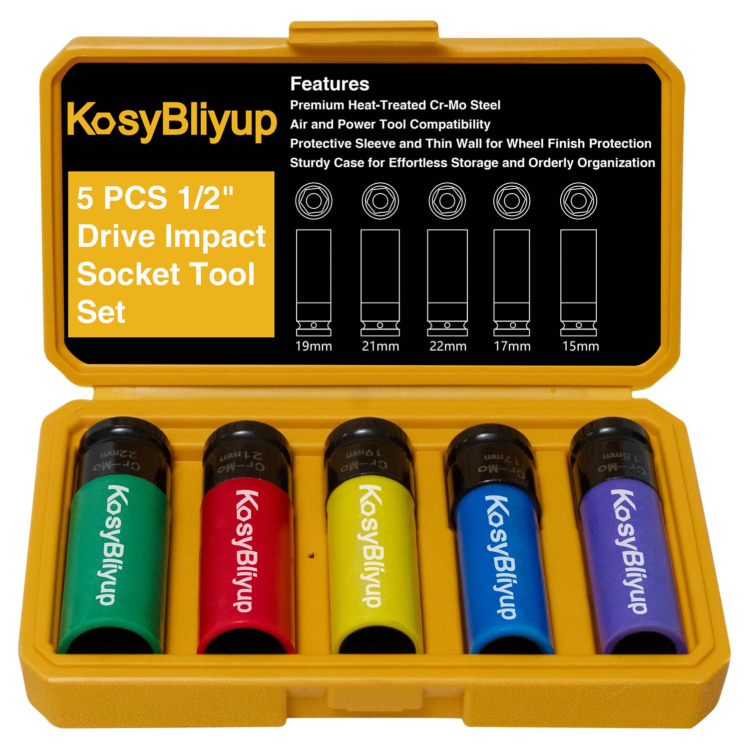 KosyBliyup 5 Pcs 1/2" Drive Impact Lug Nut Socket Set, Non-Marring Thin Wall Deep Socket Set, Metric, 15mm, 17mm, 19mm, 21mm, 22 mm, 6 Point, CR-MO,