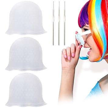 Highlighting Silicone Cap Reusable for Professional Salon Dye Frosting Hair Coloring Bleaching Highlight Dyeing MagiCap Styling Hairdressing Tools with Hook for Women Girls Man White Pack of 3