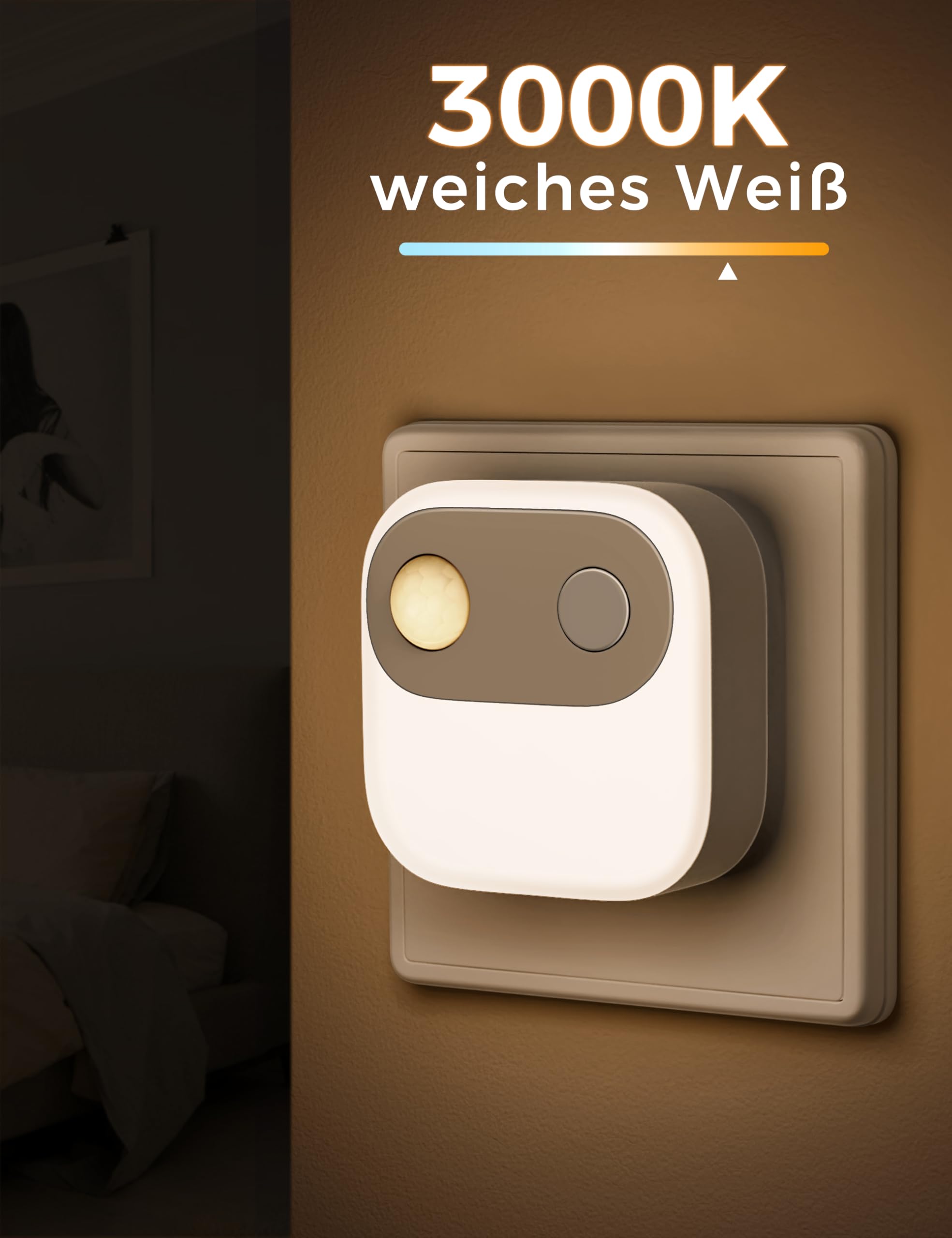 Emeritpro Luz nocturna enchufe con sensor de movimiento y crepuscular | brillo ajustable 30/60/100 Lm, 3000 K blanco cálido Luz nocturna para niños, ideal para escaleras, 4 Unidades