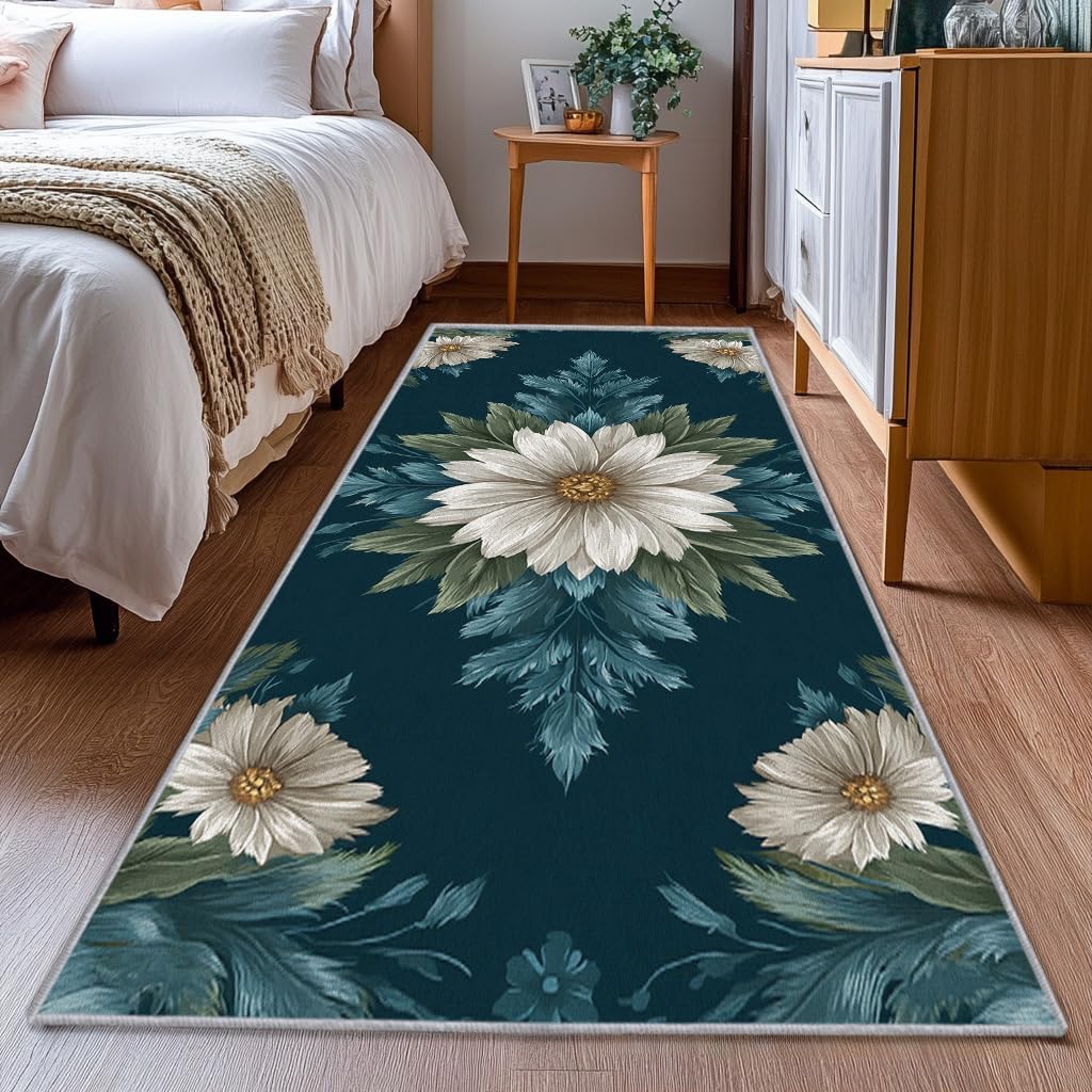 Tapis de chevet floral blanc et bleu pour une chambre élégante 60x200