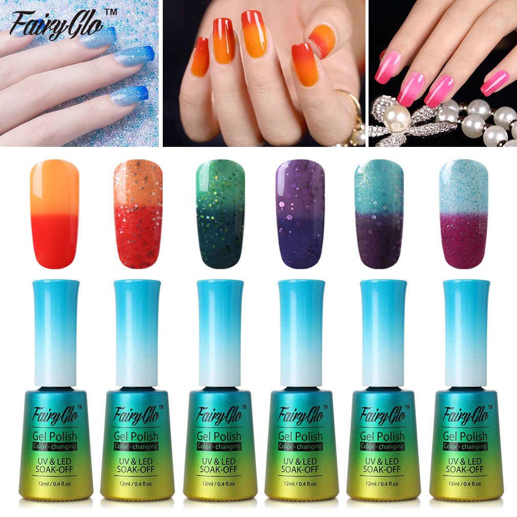 FairyGlo 6 PCS Thermal Color Changing Nail Polish UV LED Soak Off Chameleon Gel Manicure Collection Fashion Nail Art Set 12ml C014
