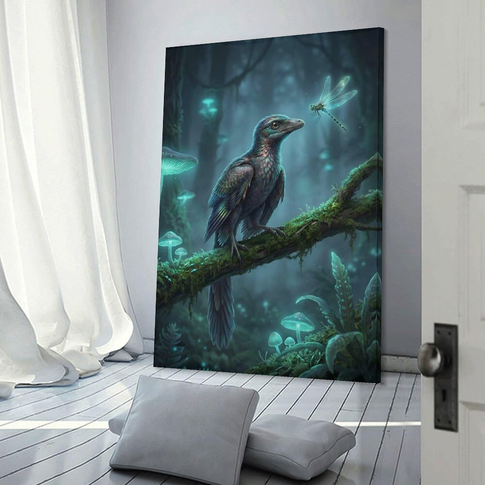 Junmoney Room Decor Wall Art Archaeopteryx And Dragonfly in Enchanted Forest, 24x36inch(60x90cm), for Living Room, Lounge Or Sitting Room, Canvas Styling for A Polished Room Look