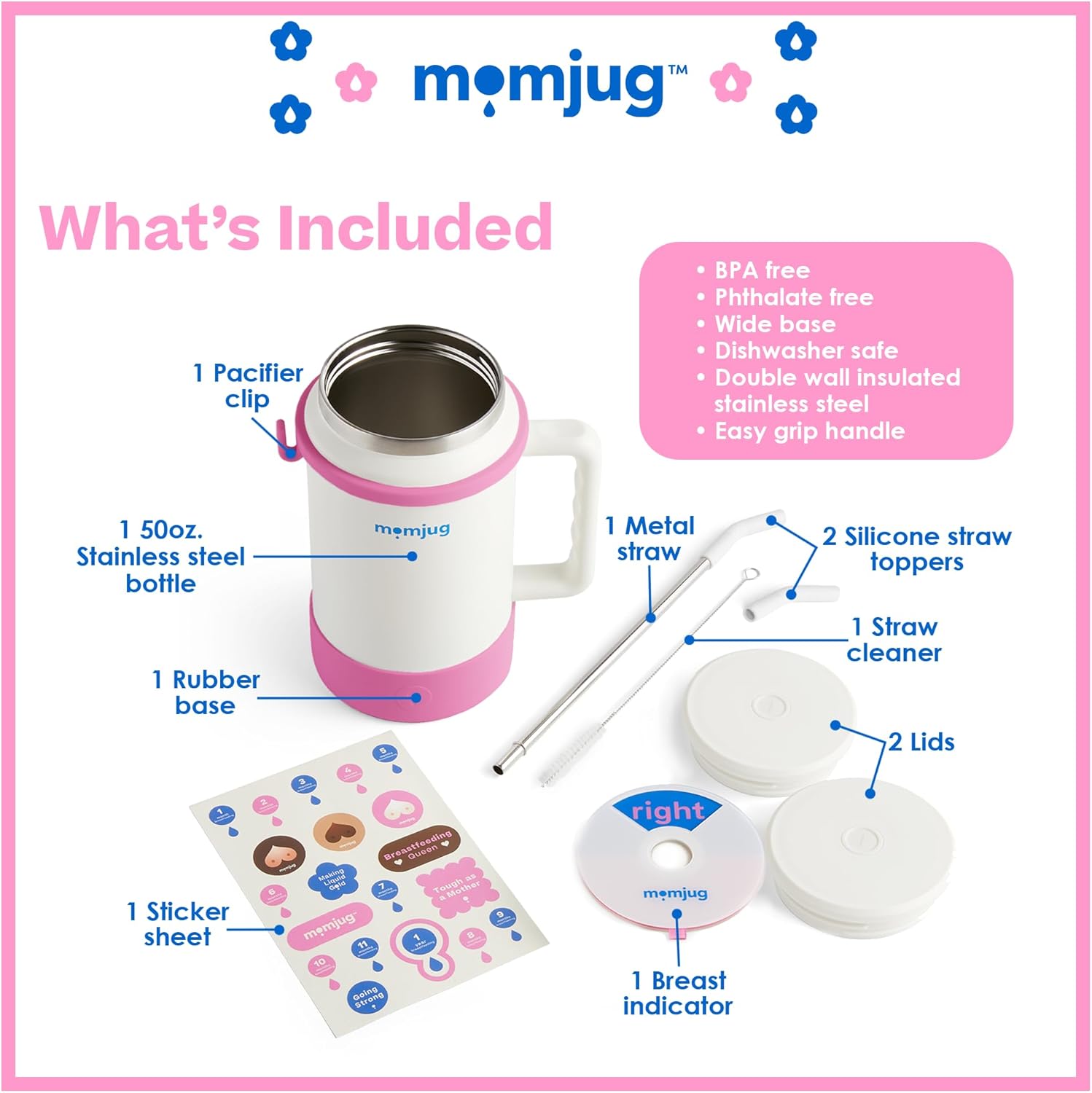 Hydration Water Bottle for Moms 50oz (With Indicator, Pink)