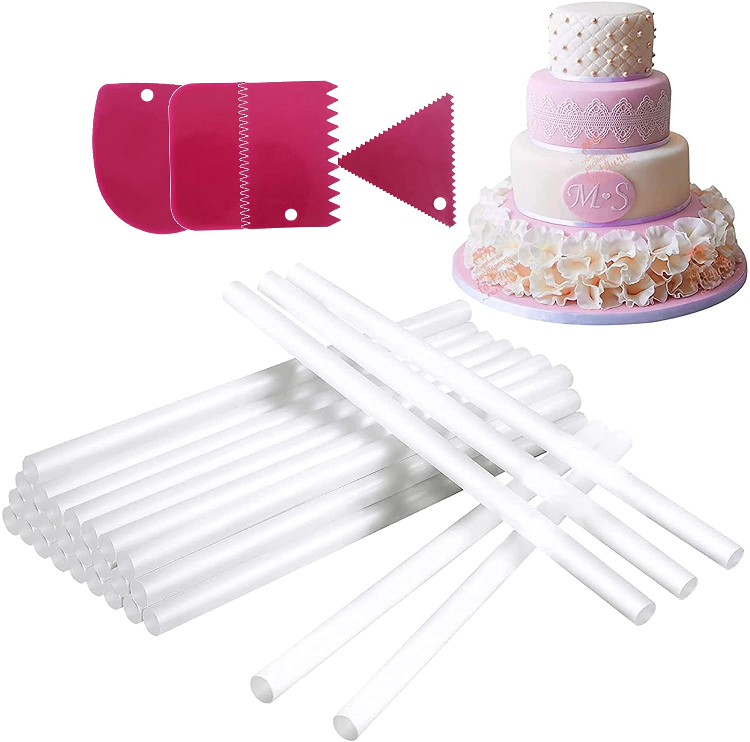 Bake House Cake Dowels for Tiered Cake- 32 Pcs Plastic Cake Dowels, Reusable Cake Supports, White Cake Rods for Tiered Cake and Making Cake(24cm, with 4pcs Cake Scrapers)