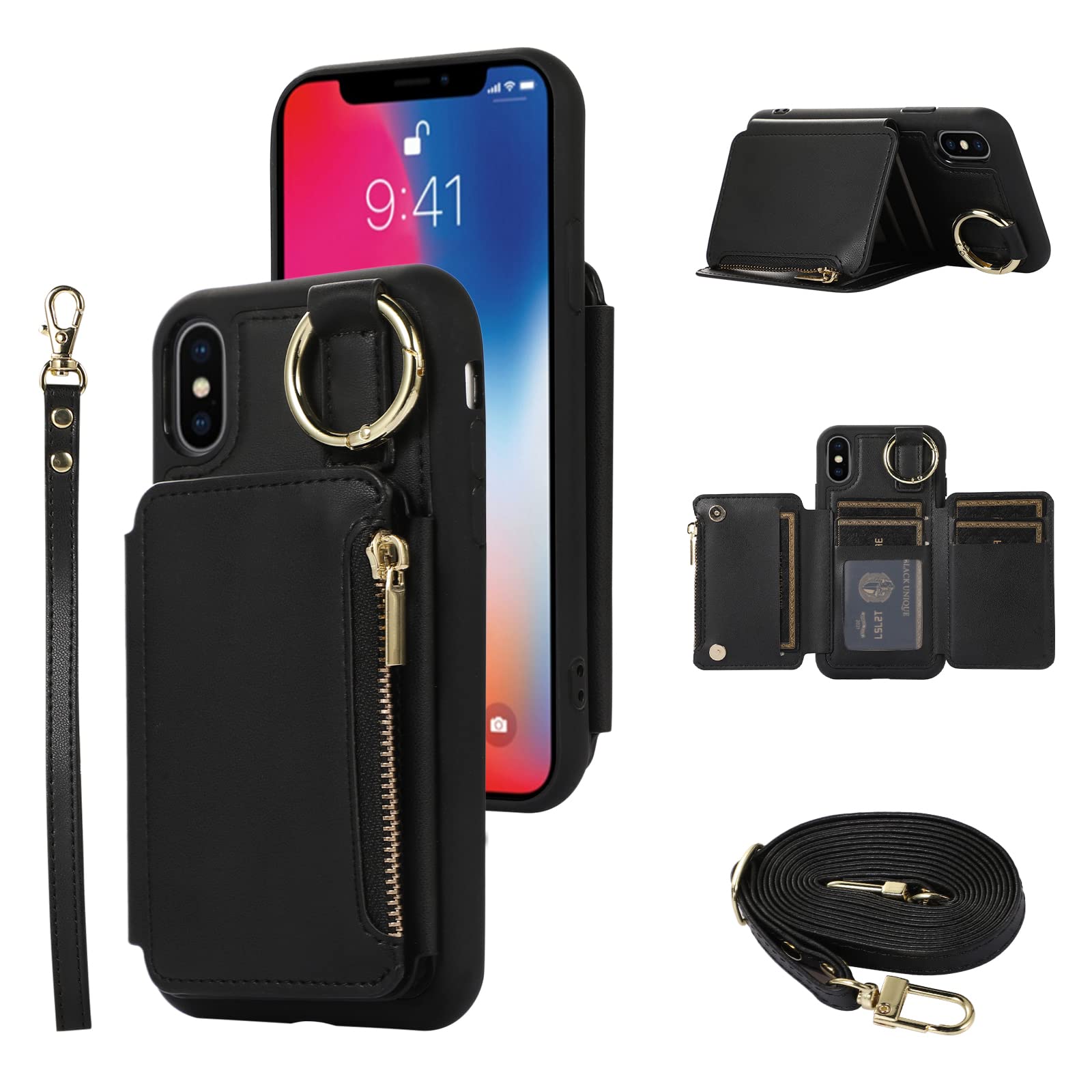 Furiet Wallet Case for iPhone Xs X 10 10s with Wrist and Shoulder Strap Card Holder Ring Flip Zipper 6+ Slots RFID Blocking Phone Cover for iPhoneX iPhoneXs iPhone10 i PhoneX SX 10x 10xs X’s Black