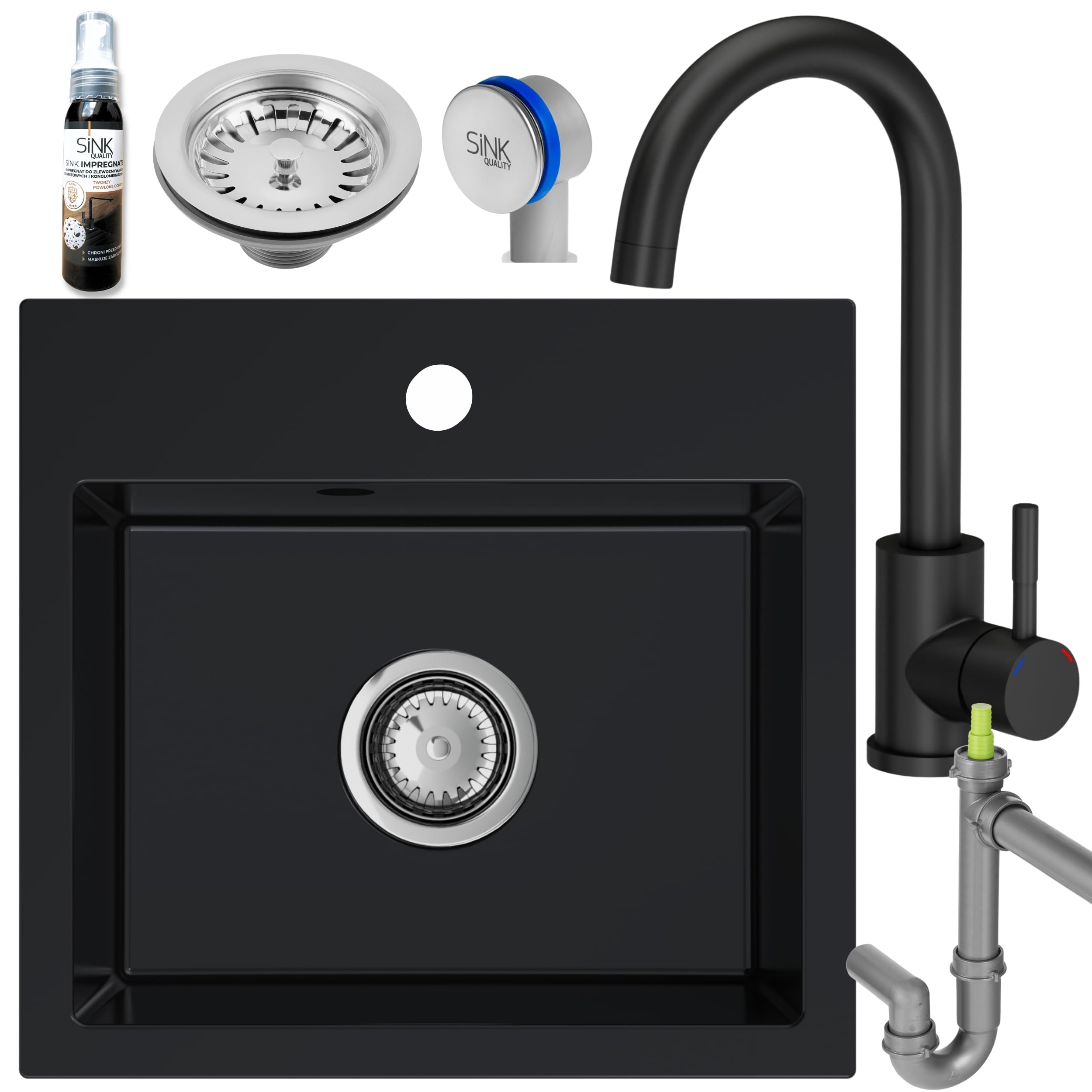 SINK Quality Évier noir avec robinetterie 45 × 42 cm – Evier avec robinet, siphon et imprégnation – Kit complet encastrable en granit – lavabo de cuisine pour meuble bas à partir de 45 cm