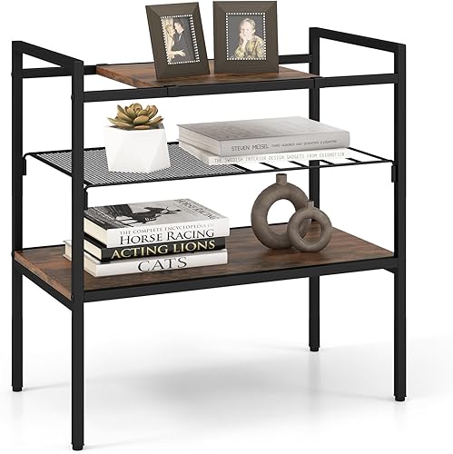 GOFLAME Mesa consola industrial, mesa auxiliar de sofá con panel extraíble y estante de malla, mesa de vestíbulo de 3 niveles con marco de metal y