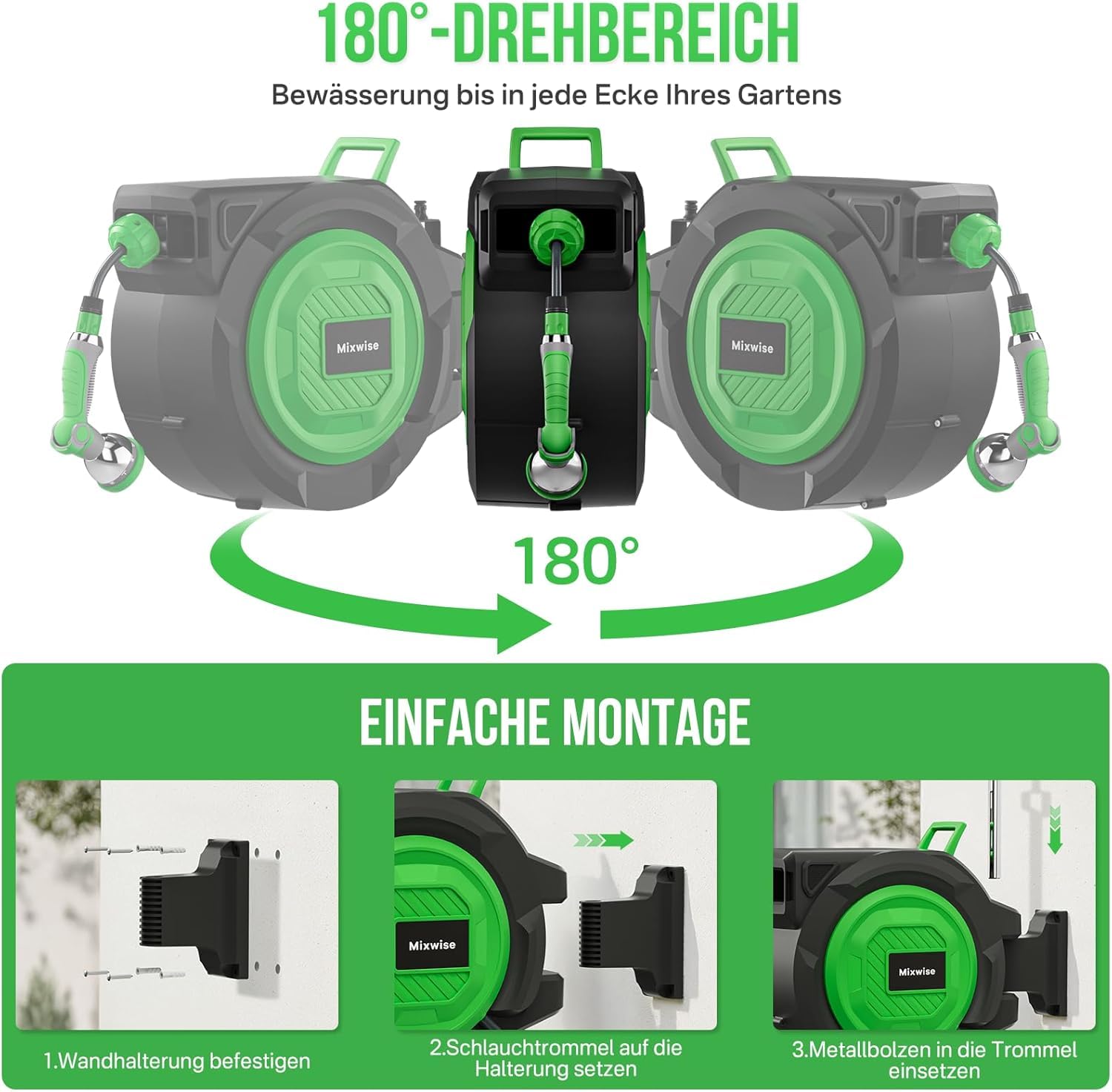 Schlauchtrommel,Wand-Schlauchbox RollUp 1/2'' x 30+2 m mit 180° Schwenkbarer, 10-fach Verstellbarer Düse, Automatischem Rückzugssystem und Arretierung in Jeder Länge für Garten Bewässerung Reinigung