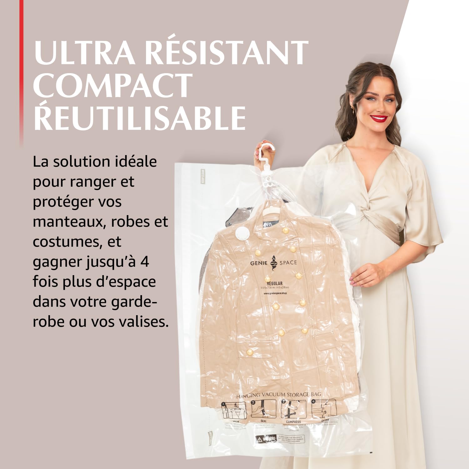 GENIE SPACE Sacs Sous Vide à Suspendre Premium pour Vêtements, Costumes et Robes, Taille Régulière 105×70 cm, Hermétiques, Réutilisables et Anti-Odeur, Gain de Place, Lot de 5 avec Pompe de Voyage