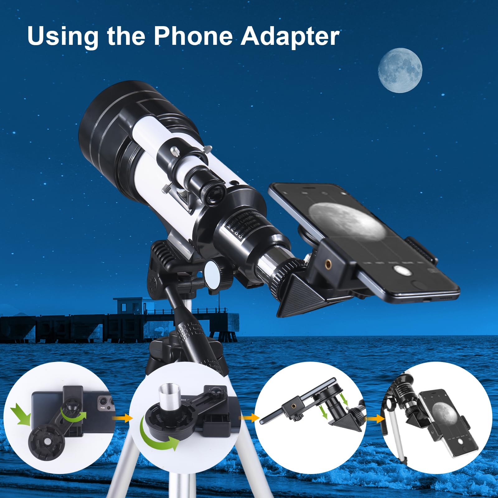 Télescope pour Enfants et Adultes, 70MM Ouverture Télescope Réfracteur de 300MM avec Trépied, Viseur 5 x 24, Adaptateur Télescopes et 2 Oculaires pour Adultes Débutants en Astronomie (Blanc)