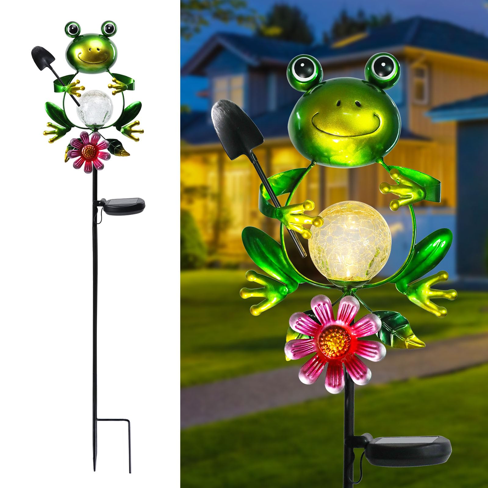 Afirst Solar Lights Outdoor Decorative Metal Frog Crackle Glass Globe Warm White LED Metal Waterproof Garden Stake Lights for Walkway Pathway Lawn Patio Yard Decorations