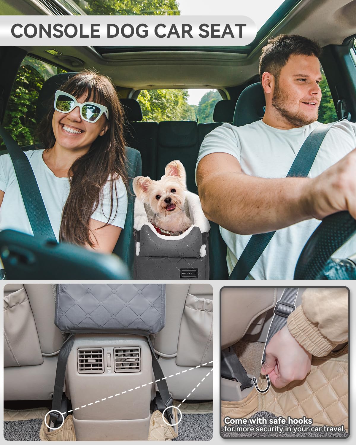 Petsfit Siège de voiture pour chien, console centrale sécurisée avec crochets, siège amélioré avec sangles de sécurité, coussin lavable - 3