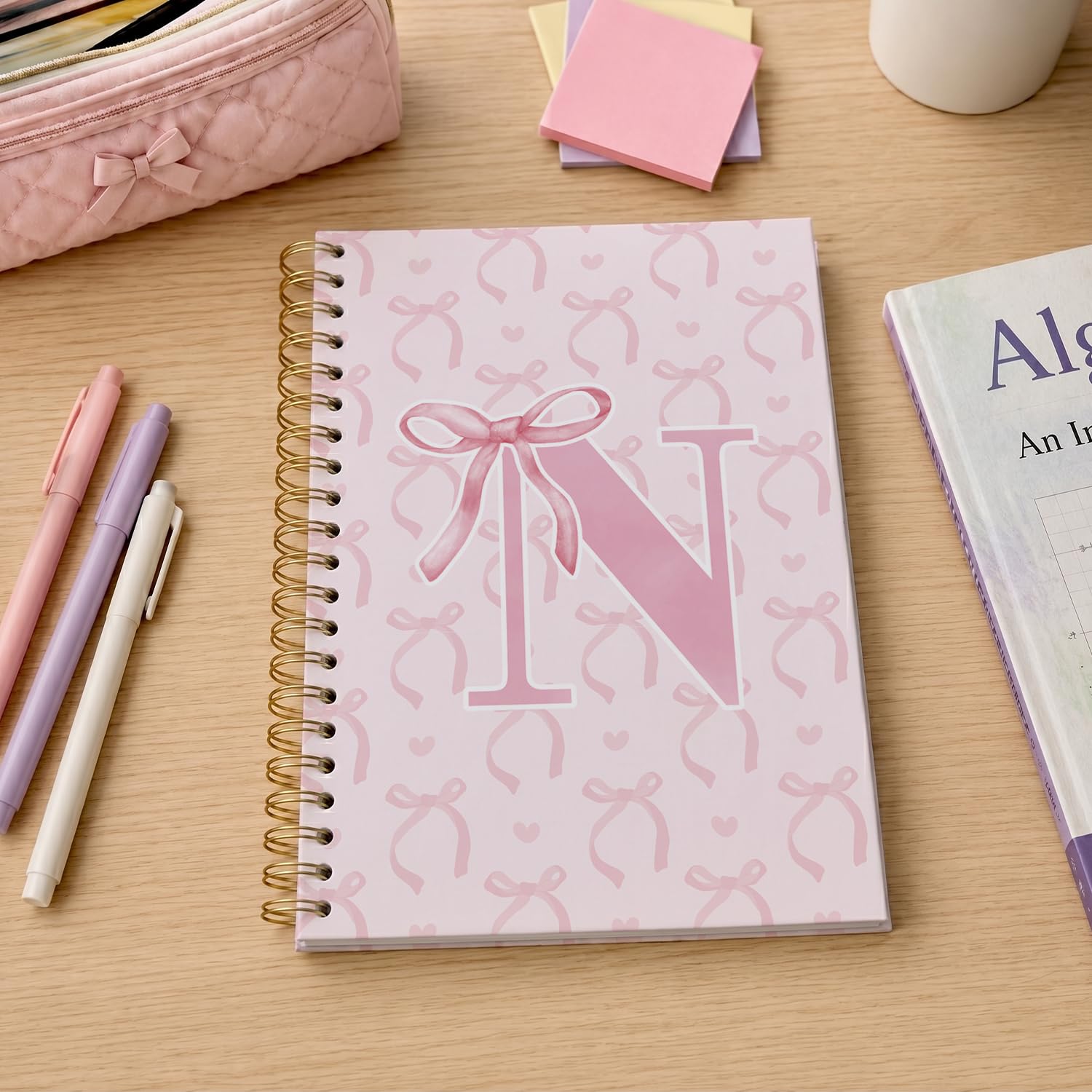 Coquette adrettes Spiralnotizbuch mit rosa Schleife, Initial N Journal, personalisiertes Geschenk für Teenager, Mädchen, trendiges personalisiertes Geschenk für Frauen, Teenager, Mädchen