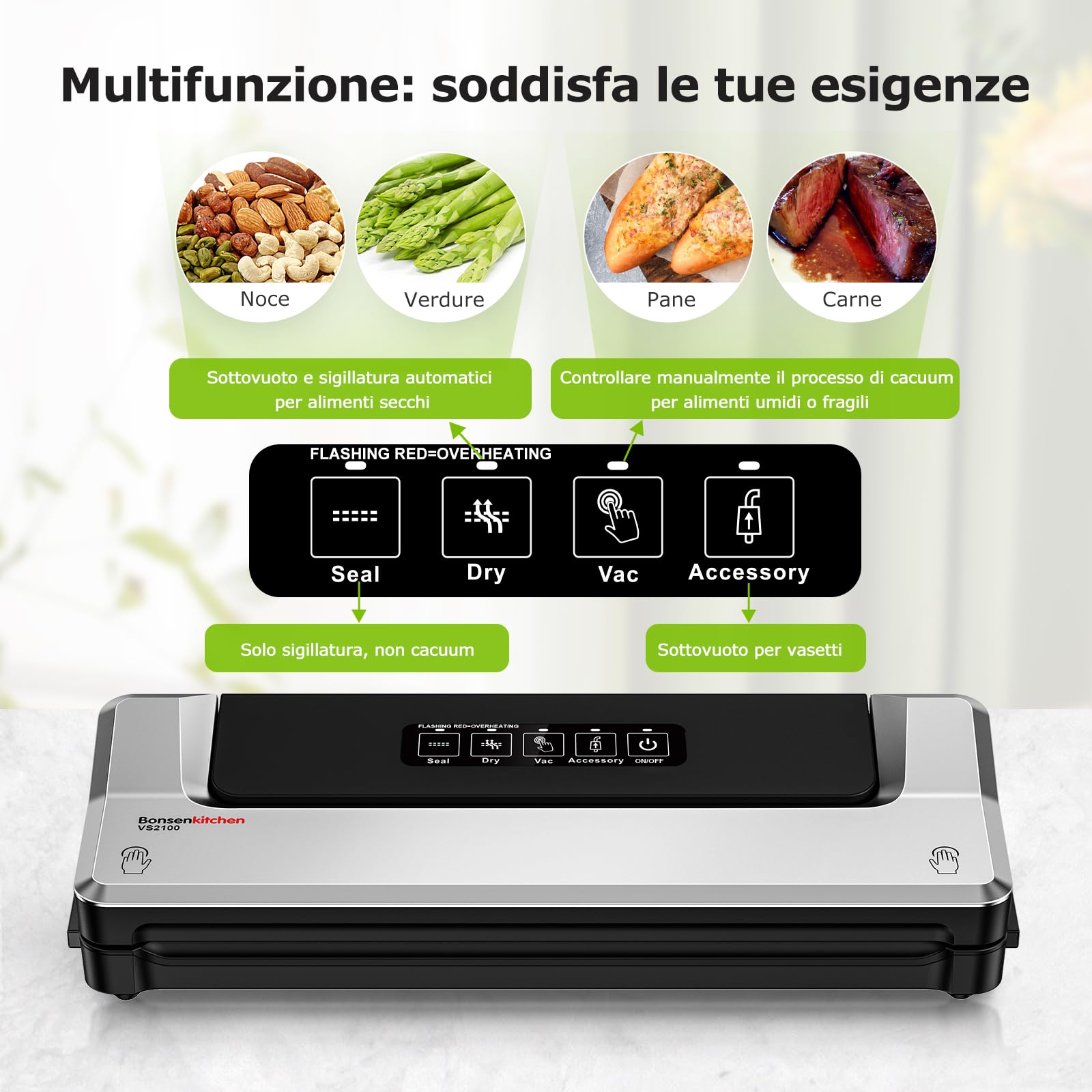 Bonsenkitchen Macchina Sottovuoto per Alimenti 4 in 1 - Macchina Sottovuoto per La Cottura Sottovuoto e La Conservazione di Alimenti Freschi, Con Modalità Vuoto Esterno, con 5 sacchetti sottovuoto