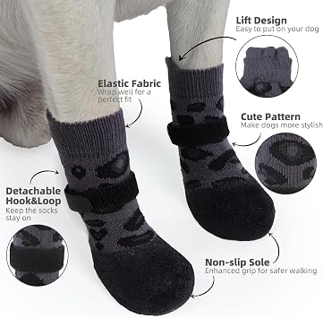 PUPTECK Anti Slip Dogs Shoes for Hot/Cold Pavement, Senior Booties, Rubber Boots & Paw Protectors for Small Medium Large Size Dogs to Prevent Licking, Grippy Socks for Hardwood Floors, Leopard, S