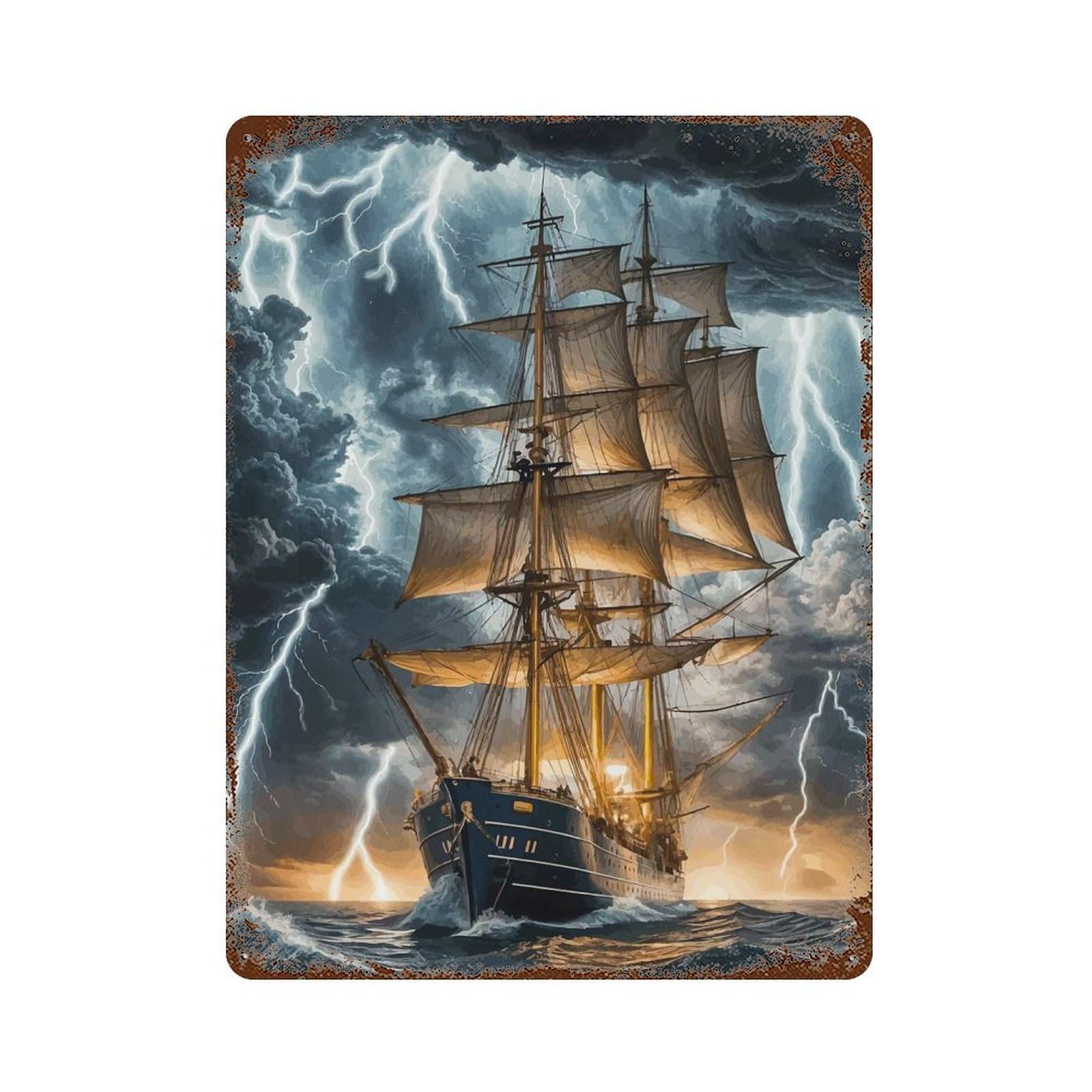 Sailing Through Storm Rusty Metal Tin Sign 15.7"x11.8", Vintage Wall Decor for Garage, Pub Or Kitchen