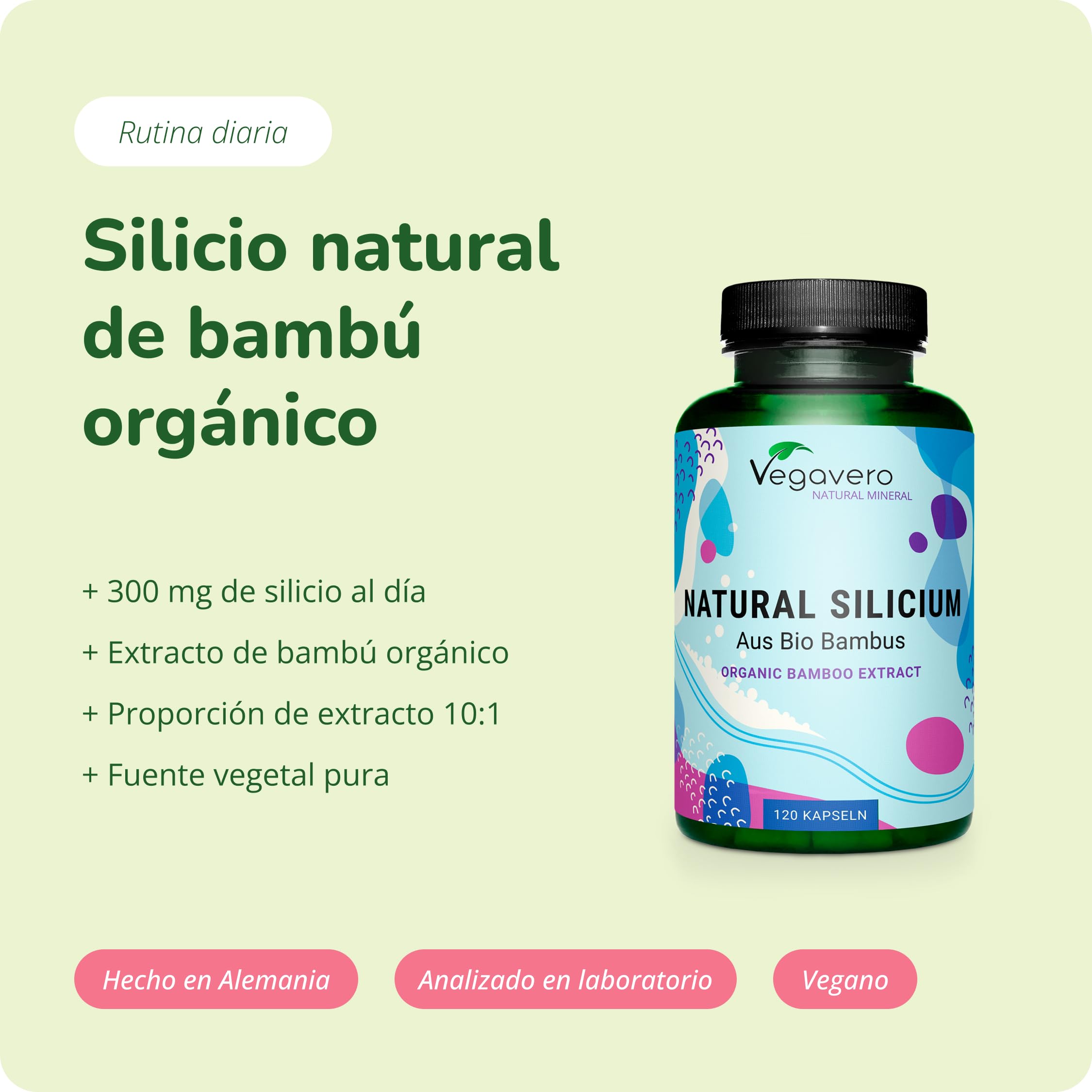 Silicio Organico Vegavero | 300 mg | 100% Natural & BIO - Derivado del Extracto de Bambú | Sin aditivos & Vegano | Esencial Para Huesos, Articulaciones y Músculos | 120 Cápsulas