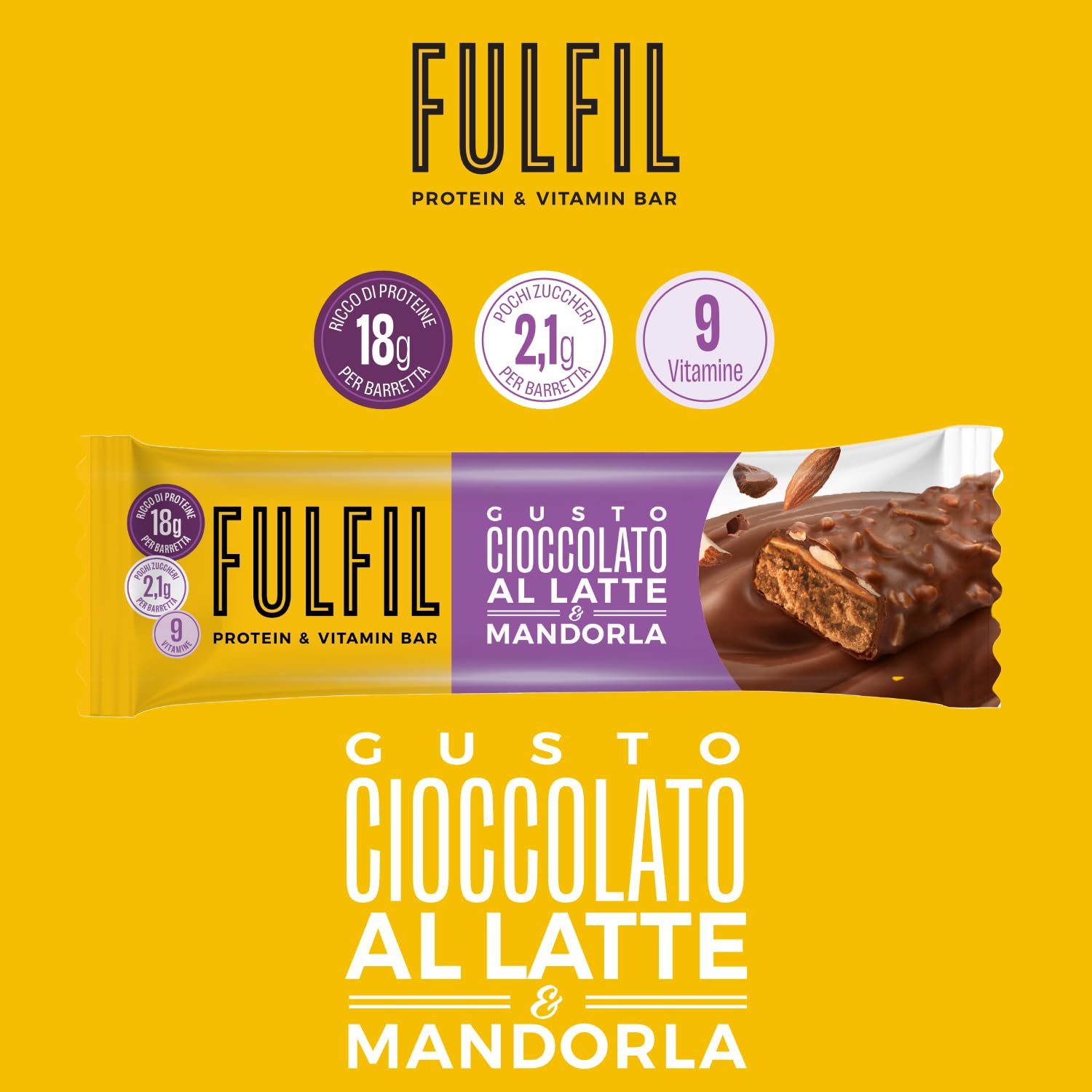 FULFIL - 15 Barrette Proteiche da 55 Grammi, Gusto Cioccolato al Latte e Mandorla con 9 Vitamine e Pochi Zuccheri, Confezione da 825 Grammi