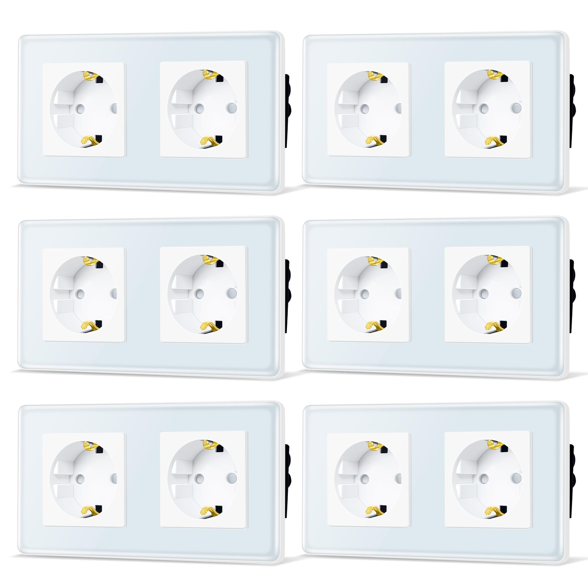 TAWOIA Lot de 6 prises Schuko encastrées à 2 compartiments standard de l'UE avec plaque en verre incurvé 2,5D, prises murales blanches 86 x 157 mm