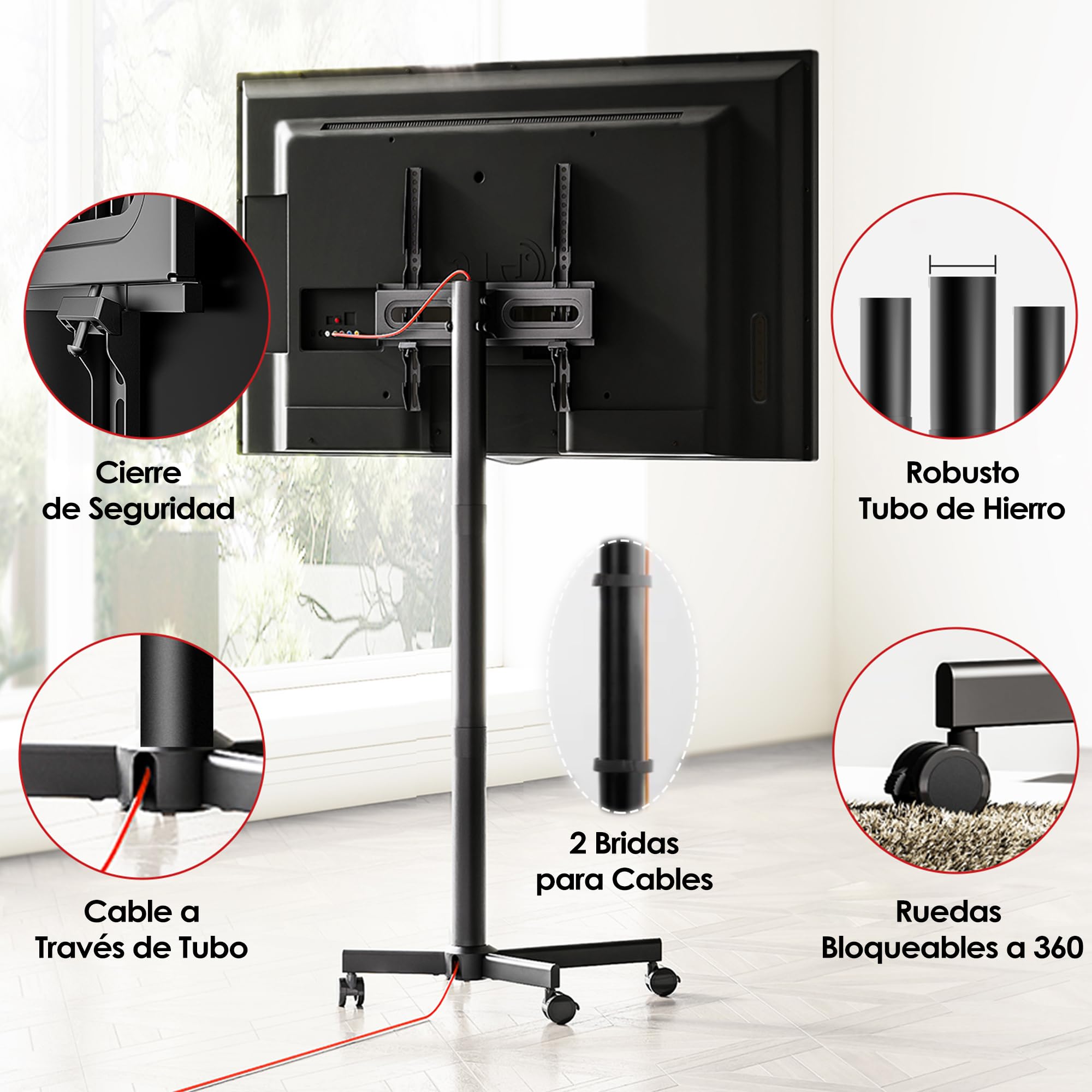 AOKCOS Soporte de TV enrollable para televisores de 32 a 65 pulgadas, inclinable y regulable en altura, con ruedas, diseño sin tornillos, soporte de suelo, universal, máx. VESA, 400 x 400 mm, 40 kg