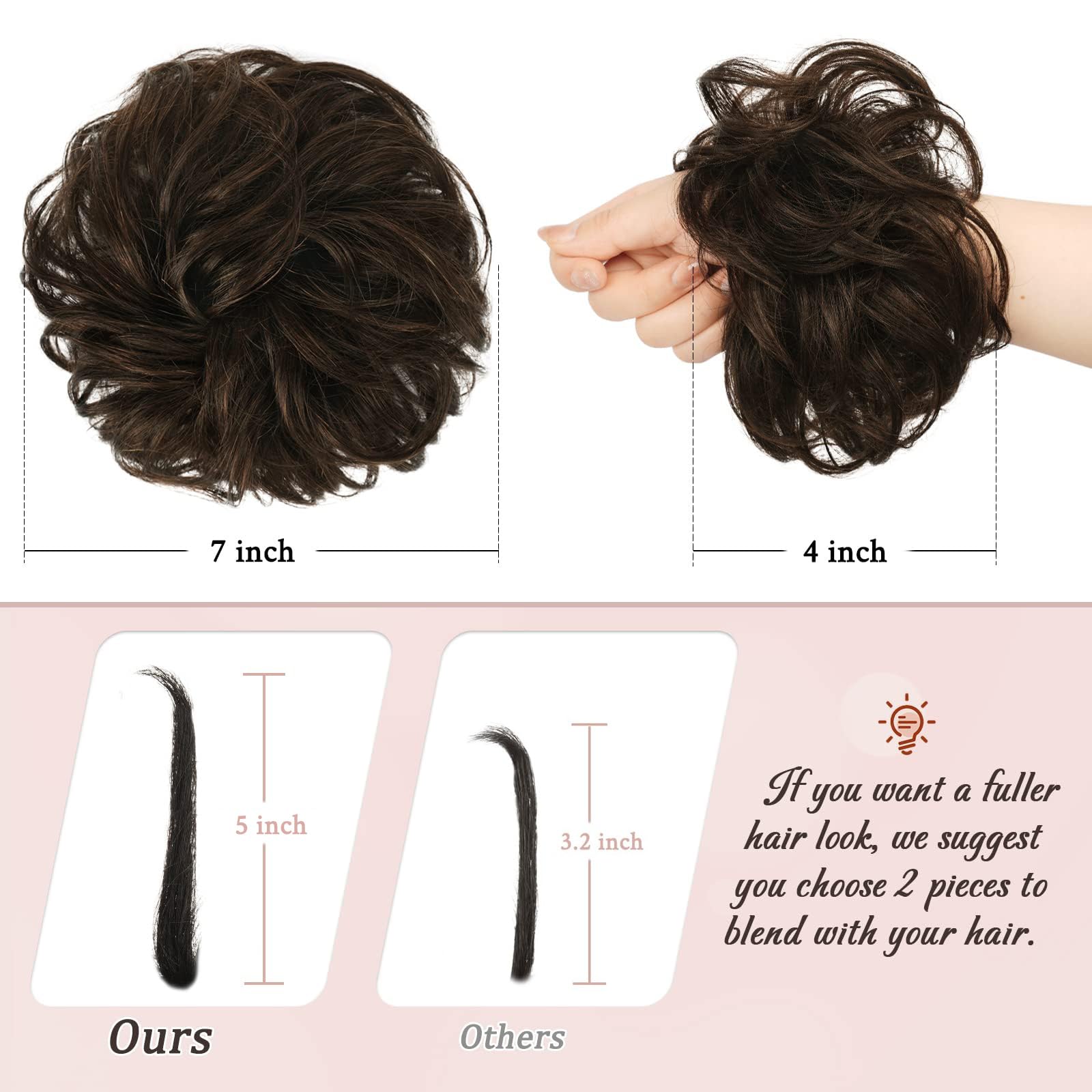RUWISS Chignon di Capelli 100% Capelli Umani Elastici Chignon Ondulato Capelli Veri Coda di Cavallo Pezzo di Capelli Spessi Updo per Donne Ragazze, Marrone Scuro con 15% Bionda Cacao Scuro