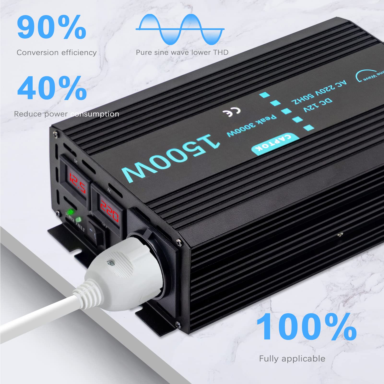 Spannungswandler 1500W/3000W Reiner Sinus-Wechselrichter DC 12V auf AC 230V EU-Steckdose Doppel-LCD-Digitalanzeige-Konverter