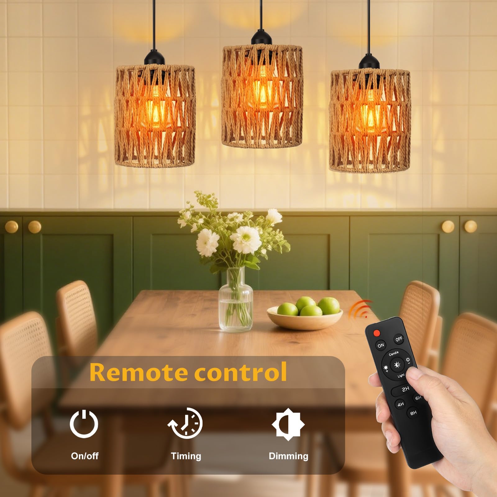 Rattan Hängelampe mit Batterie 3pcs, E27 Retro Pendelleuchte mit Dimmbar Schalter, Vintage akku Hängelampe, Boho Lampe, Indoor/Outdoor Hängeleuchte für Schlafzimmer Foyer Balkon
