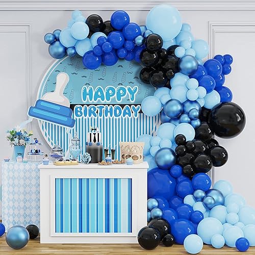 PageebO Kit de arco de globos azul bebé, azul real, azul bebé, negro, azul metálico, para decoración de fiesta de cumpleaños de niños, baby shower