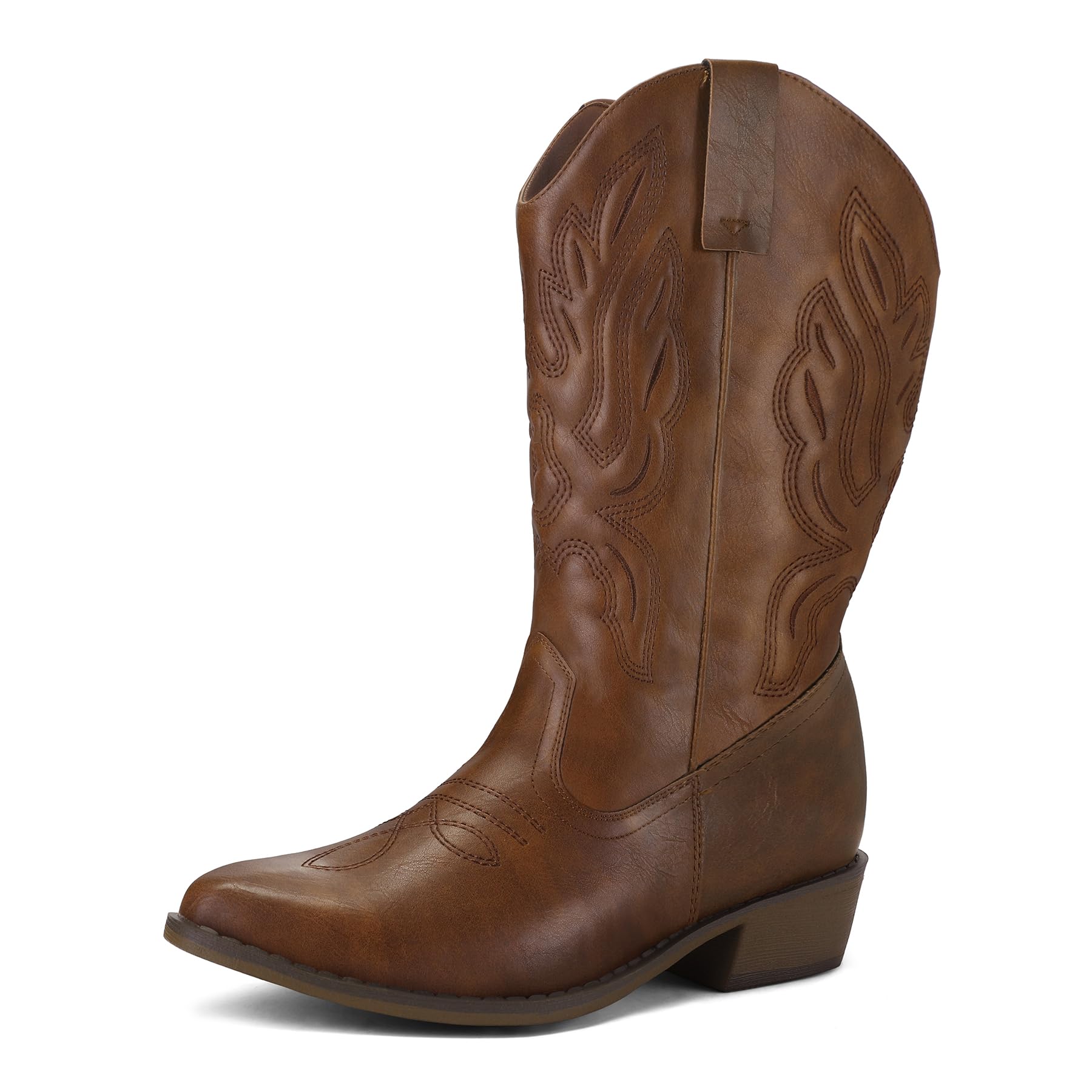 mysoft Women's Wide Calf Cowboy Boots Pull-On Mid-Calf Embroidered Pointed Toe Retro Western Boots