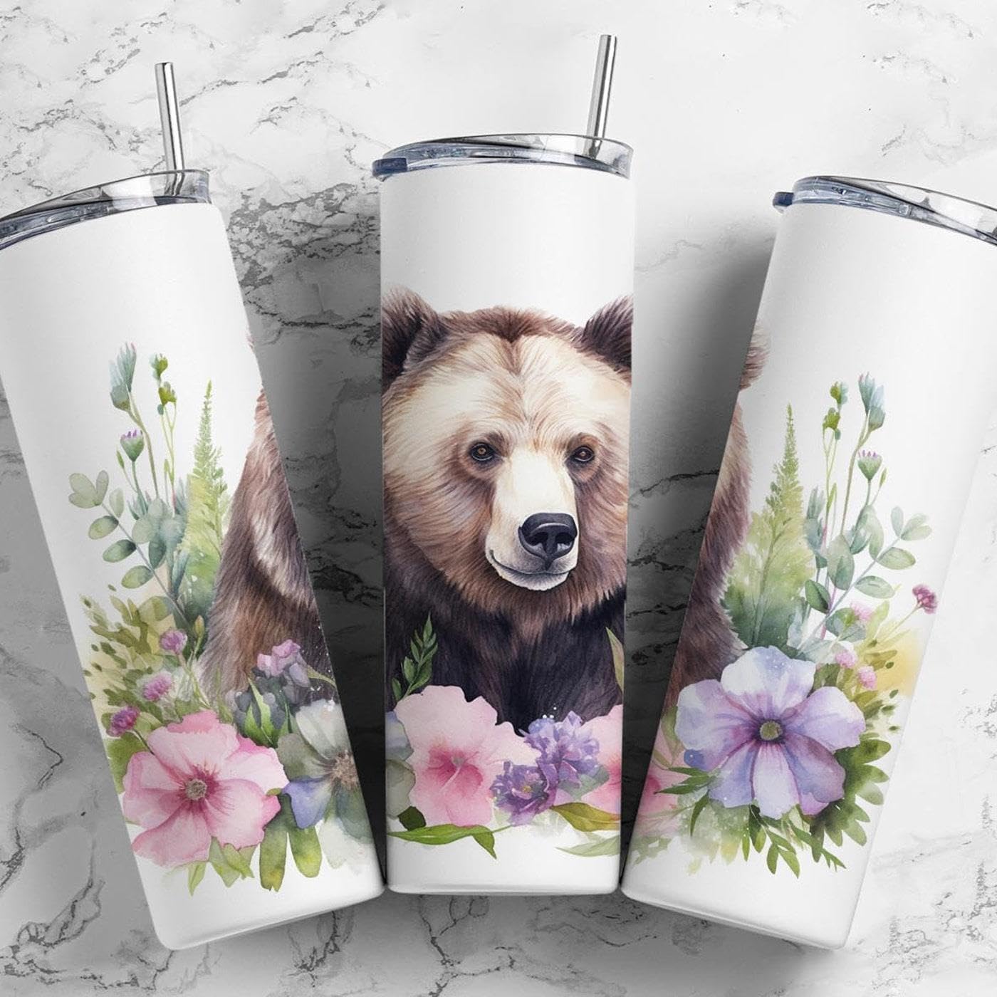 Grizzly bear watercolor floral Skinny Tumbler 20oz