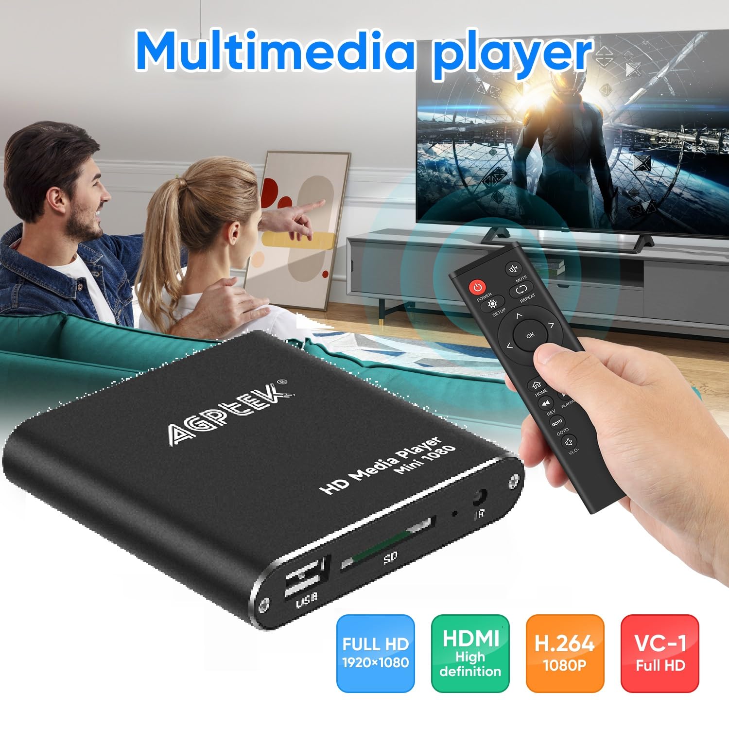 Mini 1080P Full HD cyfrowy odtwarzacz multimedialny z pilotem zdalnego sterowania do MP3, WMA, OGG, AAC, FLAC, APE, AC3, DTS, ATRA – obsługuje HDMI CVBS i YPbPr wyjście wideo (czarne).