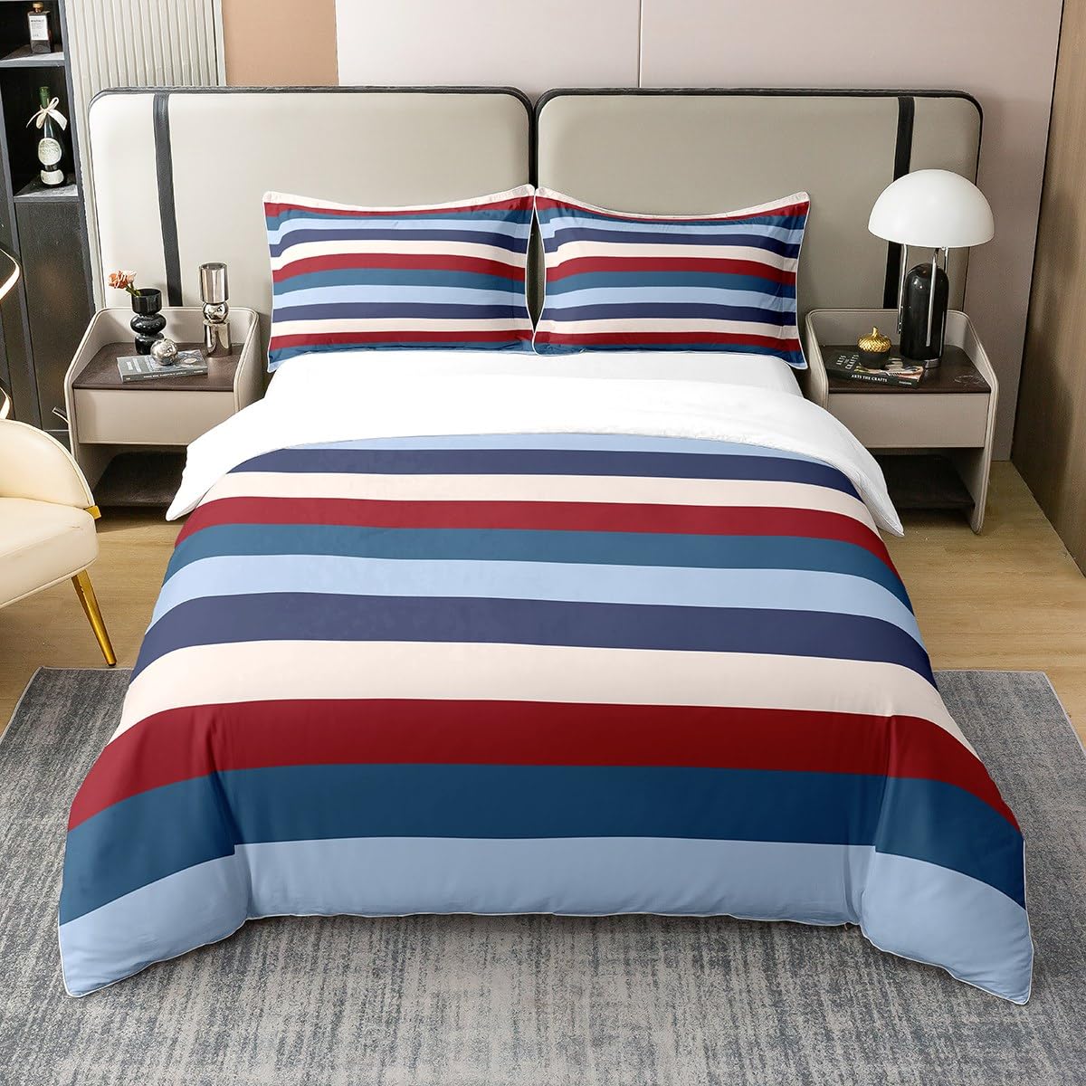 Homewish - Set copripiumino in cotone 100% lavato, motivo a righe bianche e turchesi, colore: blu navy e verde, per letto matrimoniale, con motivo patchwork pastello, biancheria da letto per camera da