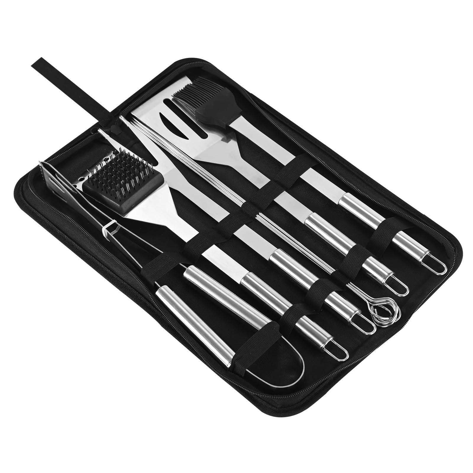 Ribber 7-Piece Stainless Steel Grill Tool Set, BBQ Accessories and Grill Tools with Grill Tongs, spatulas, Fork, Basting Brush,Cleaning Brushes, Skewers, and Case,Gifts for Men