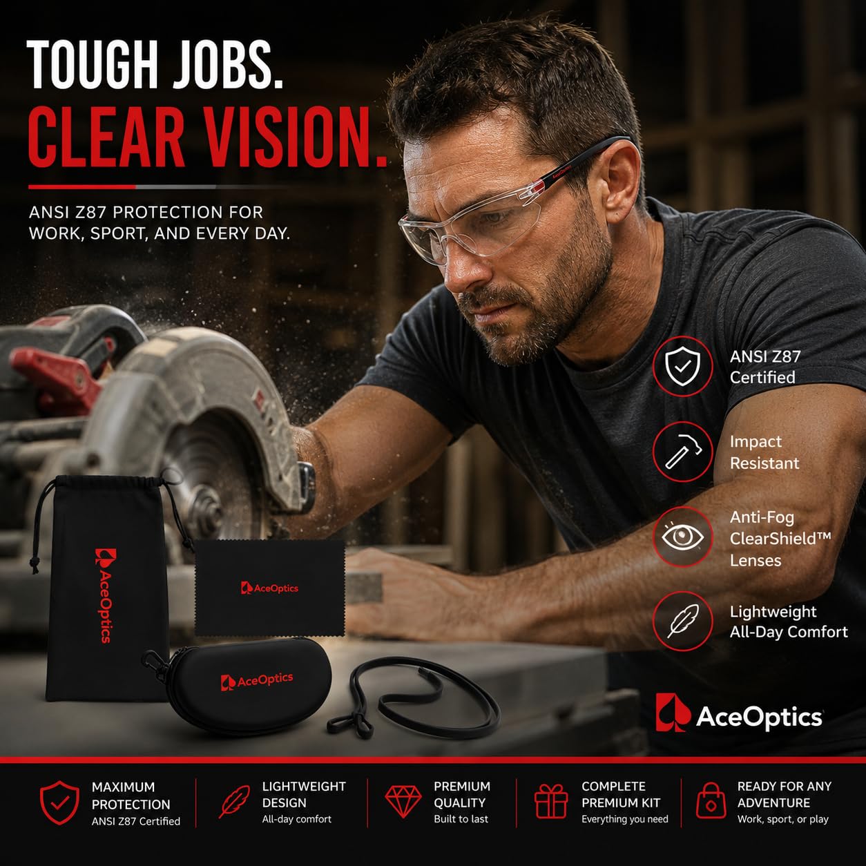 Paquete de lentes de seguridad para hombres y mujeres – ANSI Z87, lentes ClearShield antivaho – Gafas de tiro, correa, funda, paño y bolsa