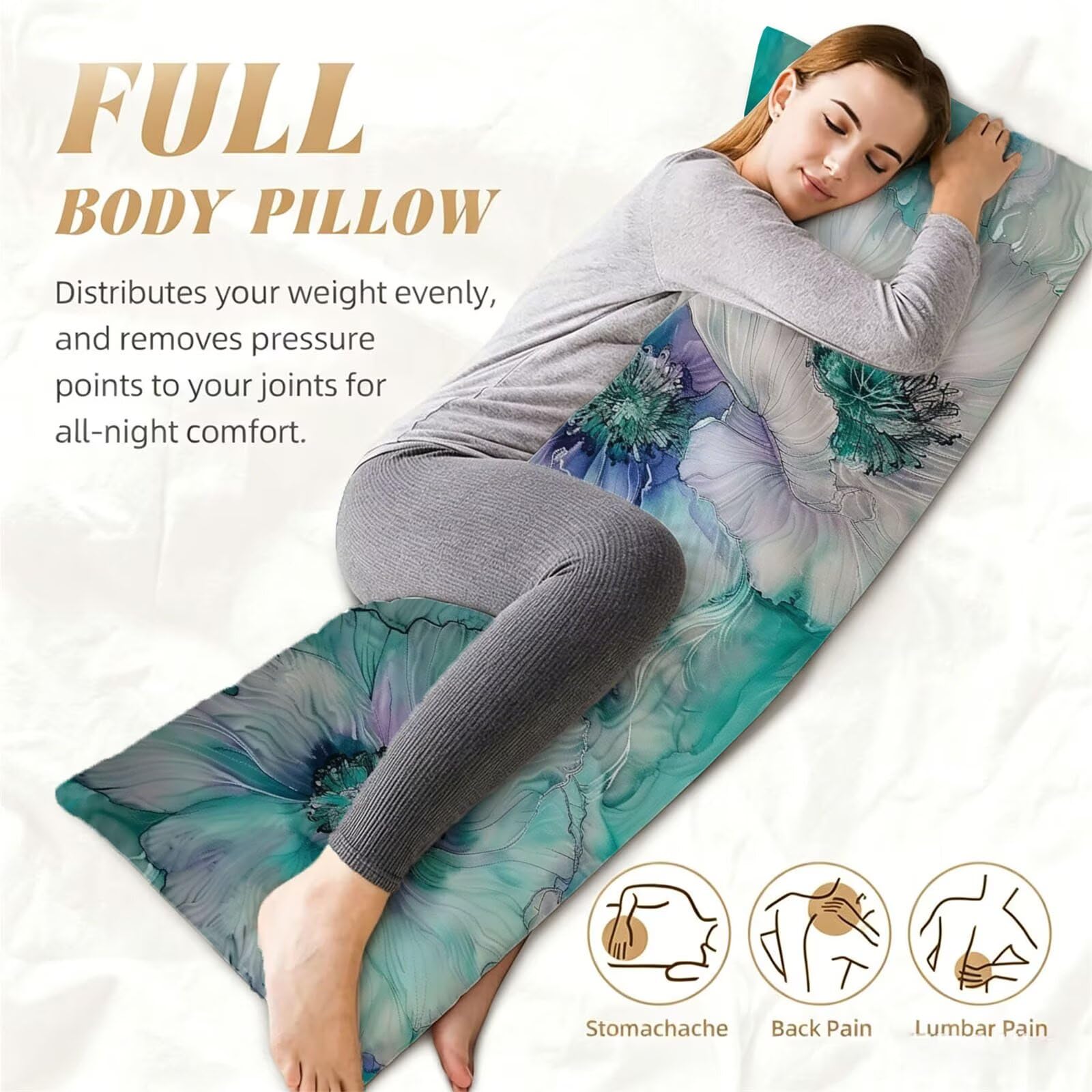 Funda de Almohada 60 x 180 cm Azul Protector Almohada 180 cm con Cremallera Invisible, Terciopelo Suave y Transpirable Pillow Case Flor Impresión a Doble Cara para Cama, Sofá y Dormitorio dg-563