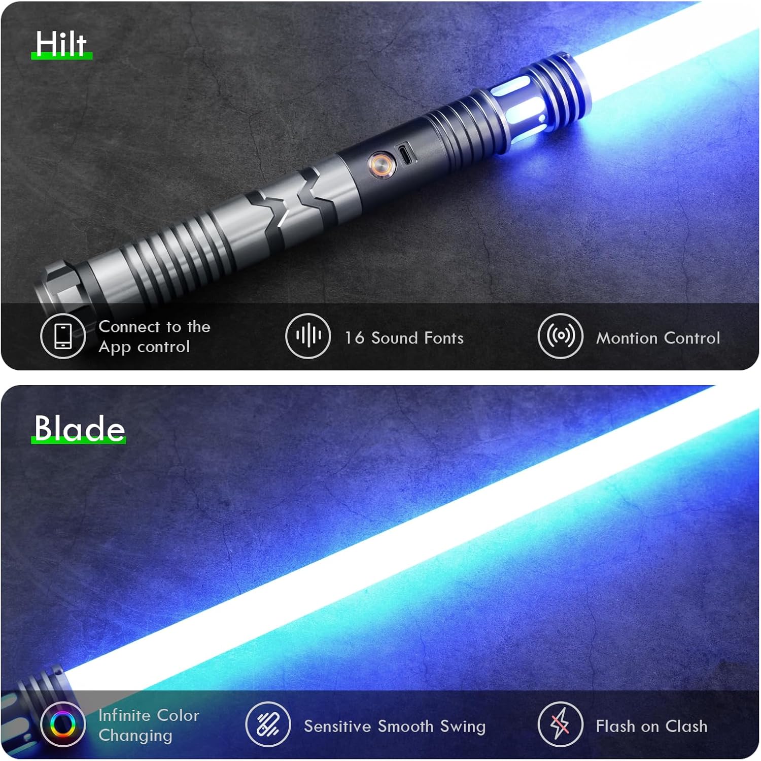 Upgrade Smooth Swing XRGB 3.0 Light Saber, Motion Control Light Saber, 16 Set Sound Fonts, Infinite Color Changing, Rechargeable Light Sabers, Belt Clip and Blade Plug Pretend Play Tools-Gray