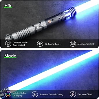 CUSTOM SABER Smooth Swing RGBX Light Saber, Motion Control, 16 Sound Fonts, Dueling, Gray, Handle, Blade, Type-C Charging Cable, Allen Wrench, 4 Screws, Manual, Ages 13+