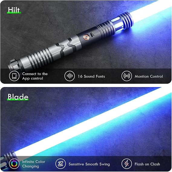 CUSTOM SABER Smooth Swing RGBX Light Saber, Motion Control, 16 Sound Fonts, Dueling, Gray, Handle, Blade, Type-C Charging Cable, Allen Wrench, 4 Screws, Manual, Ages 13+