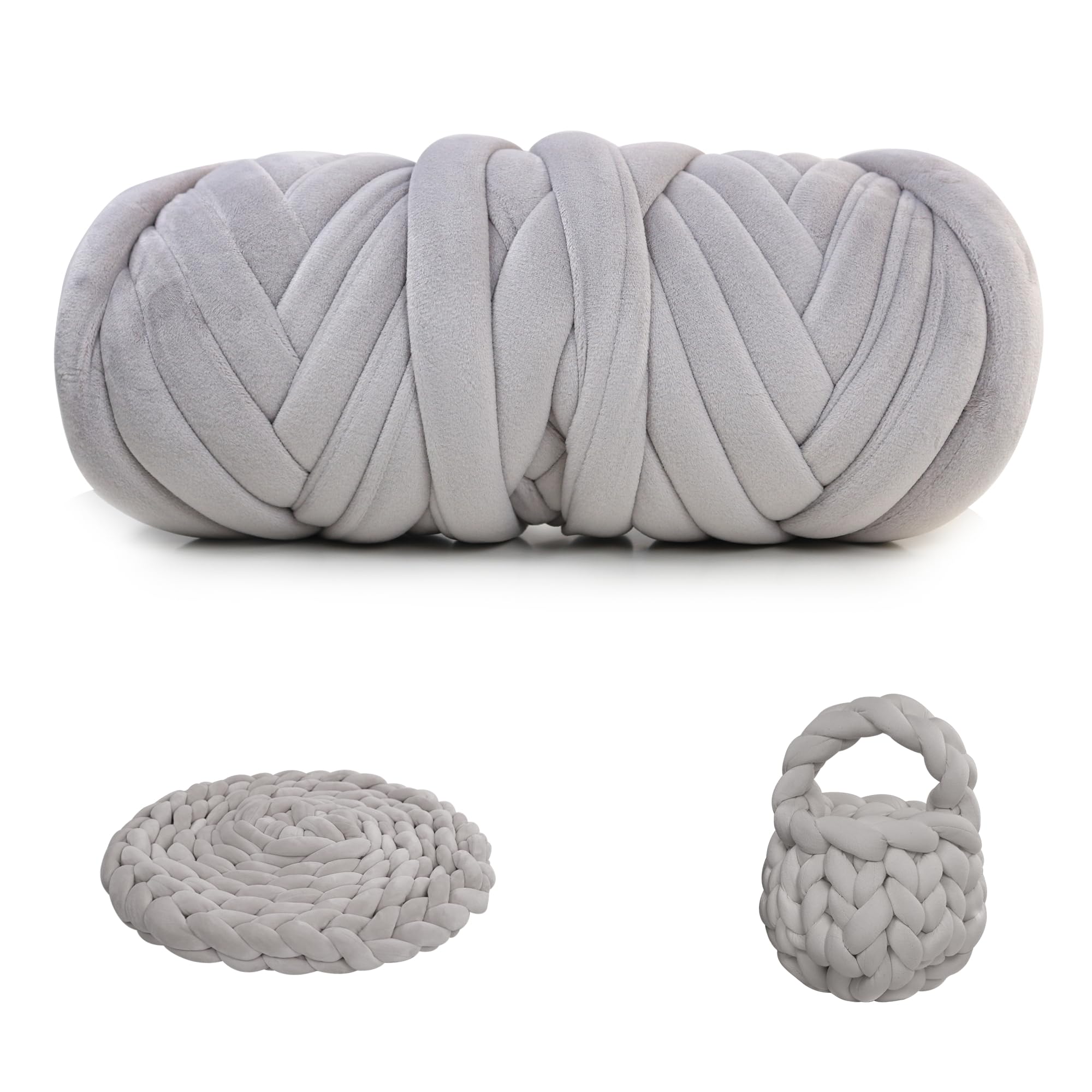 Chunky Yarn for Arm Knitting 500g, Soft Crystal Fleece Tube Yarn for Crochet, Hand Knitting Blanket Pillow Cat Bed & DIY Home Decorations (Light Gray)