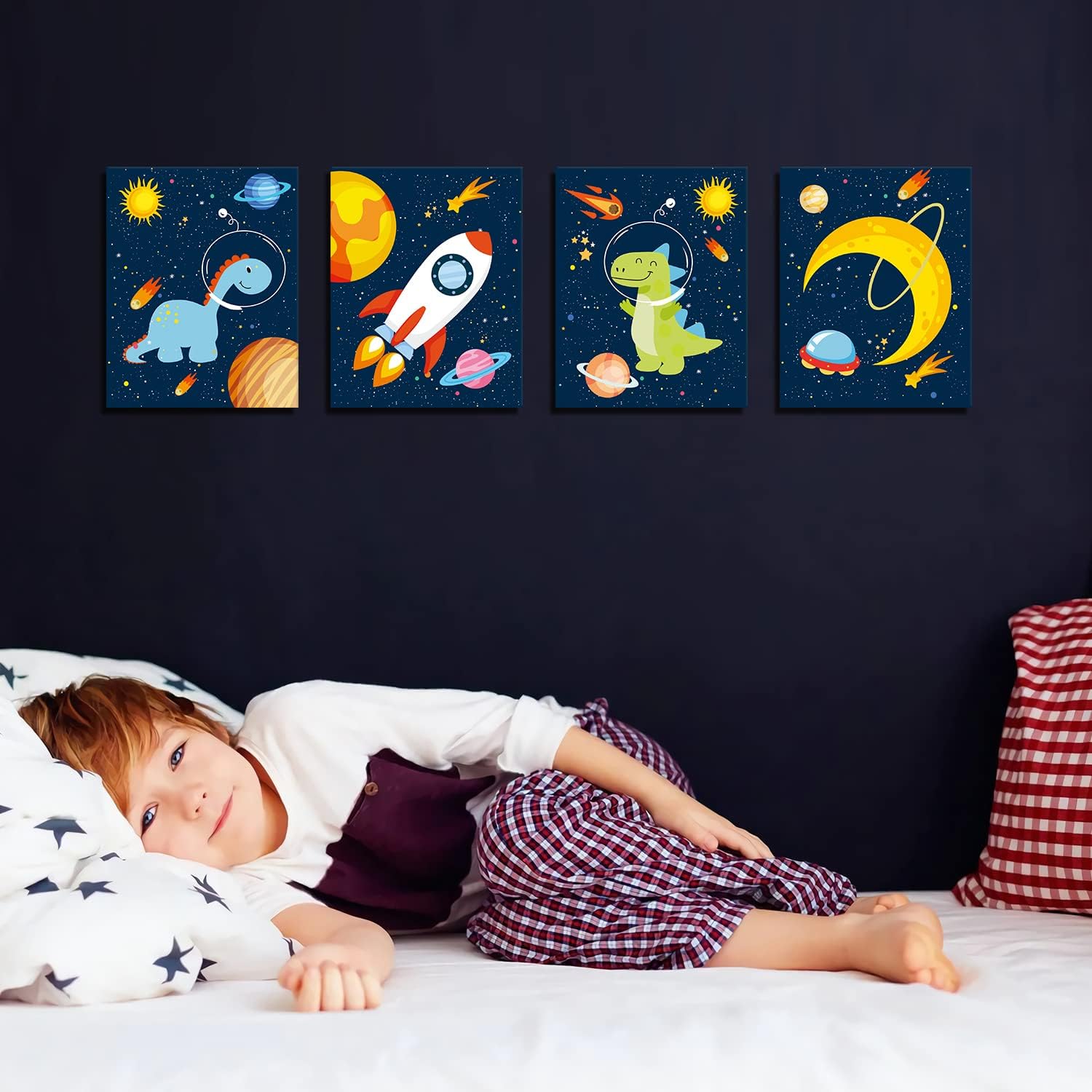 KAIRNE Outer Space Dinosaur Room Decor,Solar System Stars Wall Canvas Poster,Set of 4 (12X16inch,Framed) Planet Astronaut Art Print,Rocket Decor for Boys Room Toddler Kids Room Classroom Space Decor