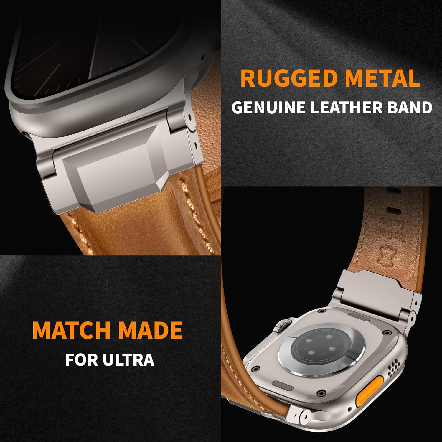 Leather Bands Compatible with Apple Watch Ultra 3/2/1 Band 49mm 46mm 45mm 44mm 42mm Men, Leather Metal Connector Strap for iWatch Ultra Series 11/10/9/8/7/SE/6/5/4/3/2/1, Retro Brown/Titanium - Image 5