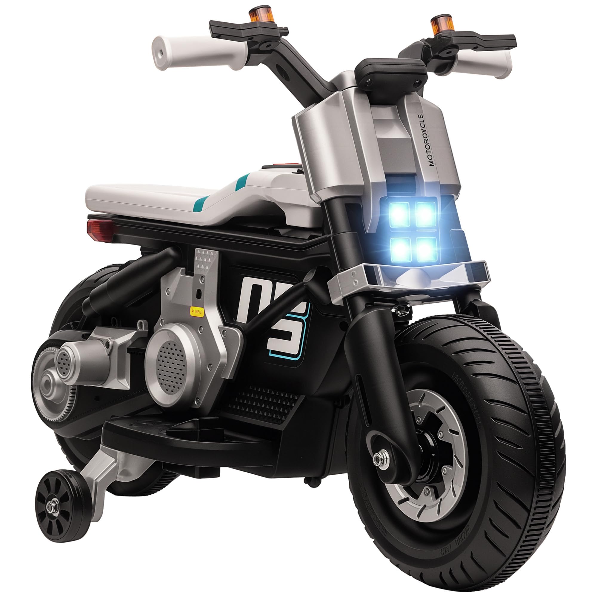 HOMCOM Moto Elettrica per Bambini 6V con Rotelle, Clacson, 4 Fari e Musica, Motorino Elettrico per Bambini 3-5 Anni in PP e Metallo, Velocità 3 km/h, 86x44x58 cm, Bianca
